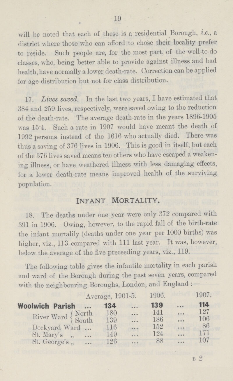 19 will be noted that each of these is a residential Borough, i.e., a district where those who can afford to chose their locality prefer to reside. Such people are, for the most part, of the well-to-do classes, who, being better able to provide against illness and bad health, have normally a lower death-rate. Correction can be applied for age distribution but not for class distribution. 17. Lives saved. In the last two years, I have estimated that 384 and 259 lives, respectively, were saved owing to the reduction of the death-rate. The average death-rate in the years 1896-1905 was 15.4. Such a rate in 1907 would have meant the death of 1992 persons instead of the 1616 who actually died. There was thus a saving of 376 lives in 1906. This is good in itself, but each of the 376 lives saved means ten others who have escaped a weaken ing illness, or have weathered illness with less damaging effects, for a lower death-rate means improved health of the surviving population. infant mortality. 18. The deaths under one year were only 372 compared with 391 in 1906. Owing, however, to the rapid fall of the birth-rate the infant mortalily (deaths under one year per 1000 births) was higher, viz., 113 compared with 111 last year. It was, however, below the average of the five preceeding years, viz., 119. The following table gives the infantile mortality in each parish and ward of the Borough during the past seven years, compared with the neighbouring Boroughs, London, and England :— Average 1901-5. 1906. 1907. Woolwich Parish 134 139 114 River Ward North 180 141 127 South 139 186 106 Dockyard Ward 116 152 86 St. Maiy's „ 149 124 171 St. George's „ 126 88 107 b 2