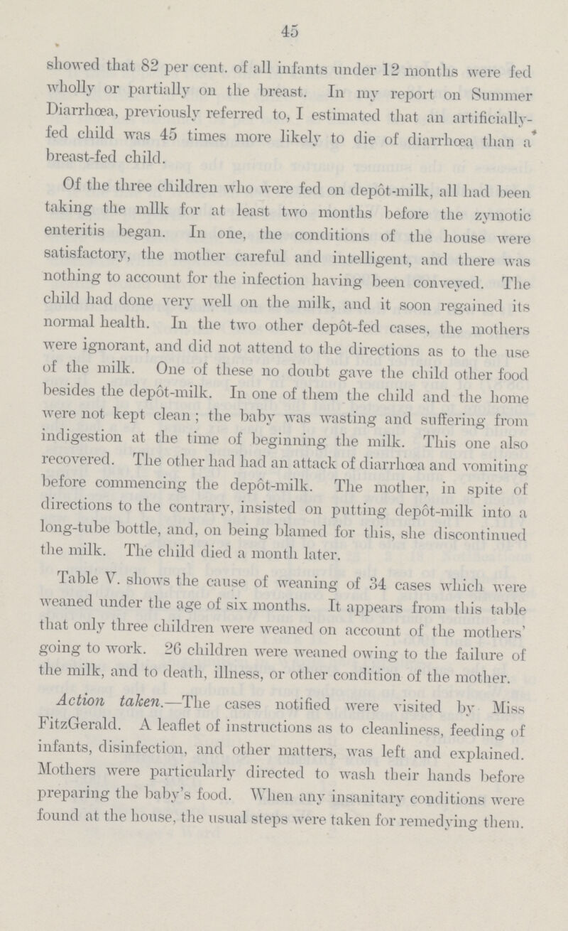 45 showed that 82 per cent. of all infants under 12 months were fed wholly or partially on the breast. In my report on Summer Diarrhoea, previously referred to, I estimated that an artificially fed child was 45 times more likely to die of diarrhœa than a breast-fed child. Of the three children who were fed on depot-milk, all had been taking the milk for at least two months before the zymotic enteritis began. In one, the conditions of the house were satisfactory, the mother careful and intelligent, and there was nothing to account for the infection having been conveyed. The child had done very well on the milk, and it soon regained its normal health. In the two other depot-fed cases, the mothers were ignorant, and did not attend to the directions as to the use of the milk. One of these no doubt gave the child other food besides the depot-milk. In one of them the child and the home were not kept clean; the baby was wasting and suffering from indigestion at the time of beginning the milk. This one also recovered. The other had had an attack of diarrhoea and vomiting before commencing the depot-milk. The mother, in spite of directions to the contrary, insisted on putting depot-milk into a long-tube bottle, and, on being blamed for this, she discontinued the milk. The child died a month later. Table V. shows the cause of weaning of 34 cases which were weaned under the age of six months. It appears from this table that only three children were weaned on account of the mothers' going to work. 26 children were weaned owing to the failure of the milk, and to death, illness, or other condition of the mother. Action taken.—The cases notified were visited by Miss FitzGerald. A leaflet of instructions as to cleanliness, feeding of infants, disinfection, and other matters, was left and explained. Mothers were particularly directed to wash their hands before preparing the baby's food. When any insanitary conditions were found at the house, the usual steps were taken for remedying them.