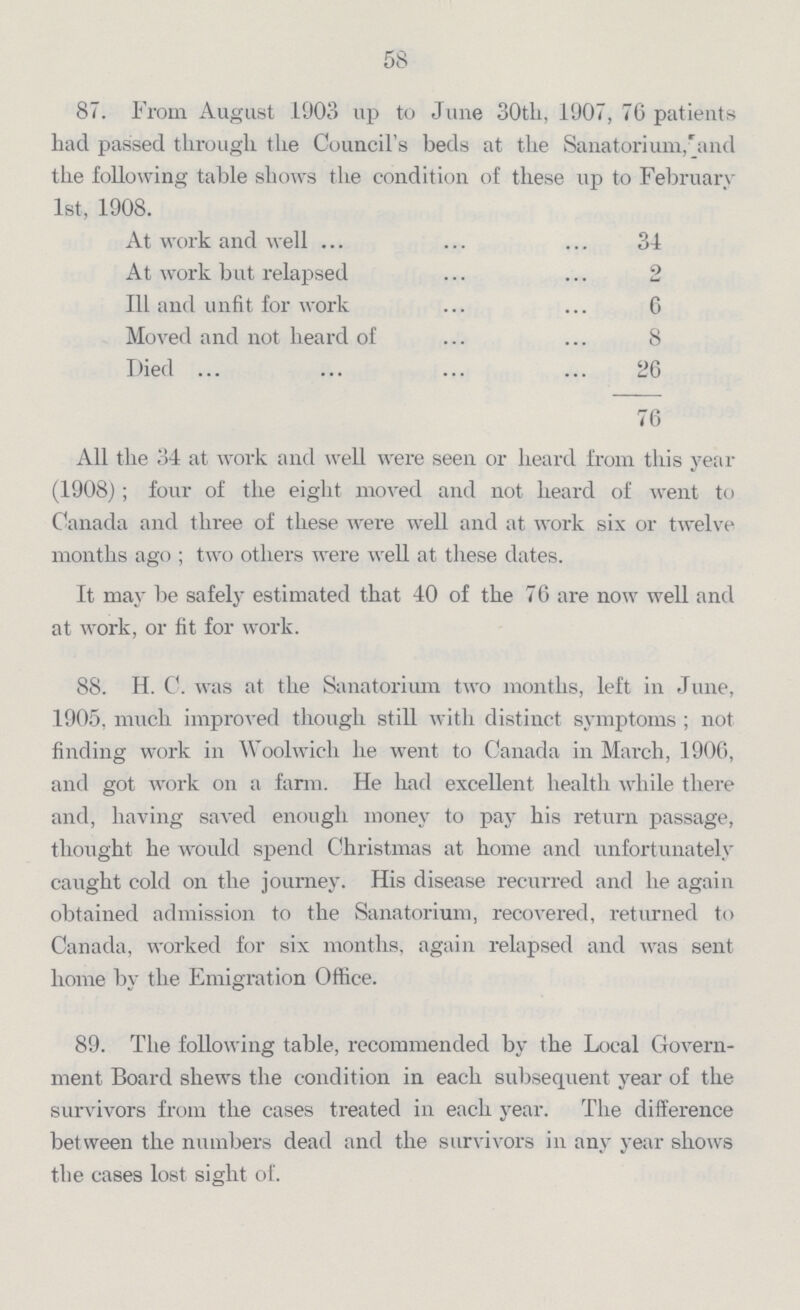 58 87. From August 1903 up to June 30th, 1907, 76 patients had passed through the Council's beds at the Sanatorium, and the following table shows the condition of these up to February 1st, 1908. At work and well 34 At work but relapsed 2 Ill and unfit for work 6 Moved and not heard of 8 Died 26 76 All the 34 at work and well were seen or heard from this year (1908); four of the eight moved and not heard of went to Canada and three of these were well and at work six or twelve months ago; two others were well at these dates. It may be safely estimated that 40 of the 76 are now well and at work, or fit for work. 88. H. C. was at the Sanatorium two months, left in June, 1905, much improved though still with distinct symptoms; not finding work in Woolwich he went to Canada in March, 1906, and got work on a farm. He had excellent health while there and, having saved enough money to pay his return passage, thought he would spend Christmas at home and unfortunately caught cold on the journey. His disease recurred and he again obtained admission to the Sanatorium, recovered, returned to Canada, worked for six months, again relapsed and was sent home by the Emigration Office. 89. The following table, recommended by the Local Govern ment Board shews the condition in each subsequent year of the survivors from the cases treated in each year. The difference between the numbers dead and the survivors in any year shows the cases lost sight of.