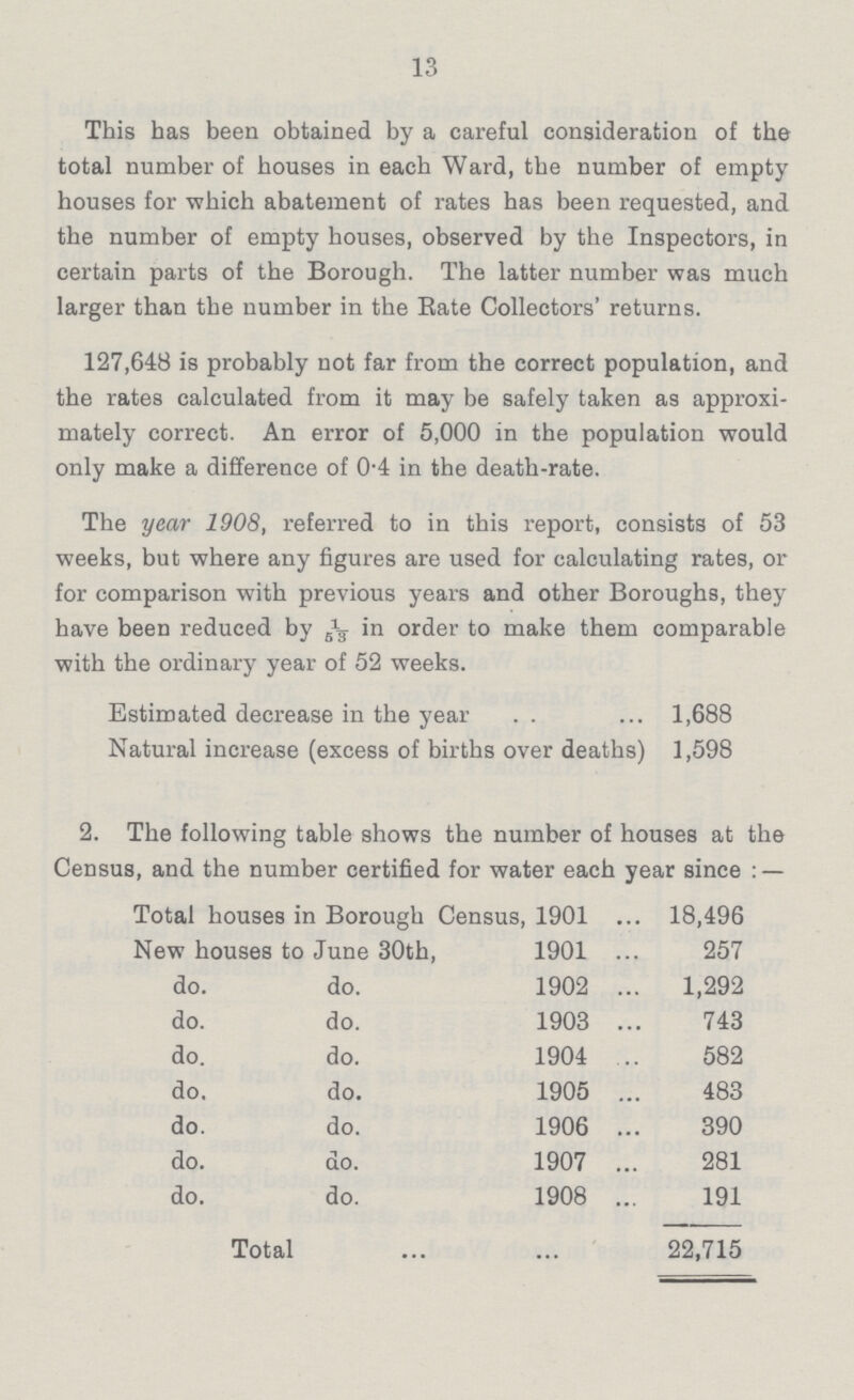 13 This has been obtained by a careful consideration of the total number of houses in each Ward, the number of empty houses for which abatement of rates has been requested, and the number of empty houses, observed by the Inspectors, in certain parts of the Borough. The latter number was much larger than the number in the Rate Collectors' returns. 127,648 is probably not far from the correct population, and the rates calculated from it may be safely taken as approxi mately correct. An error of 5,000 in the population would only make a difference of 04 in the death-rate. The year 1908, referred to in this report, consists of 53 weeks, but where any figures are used for calculating rates, or for comparison with previous years and other Boroughs, they have been reduced by 1/53 in order to make them comparable with the ordinary year of 52 weeks. Estimated decrease in the year 1,688 Natural increase (excess of births over deaths) 1,598 2. The following table shows the number of houses at the Census, and the number certified for water each year since:— Total houses in Borough Census, 1901 18,496 New houses to June 30th, 1901 257 do. do. 1902 1,292 do. do. 1903 743 do. do. 1904 582 do. do. 1905 483 do. do. 1906 390 do. do. 1907 281 do. do. 1908 191 Total 22,715