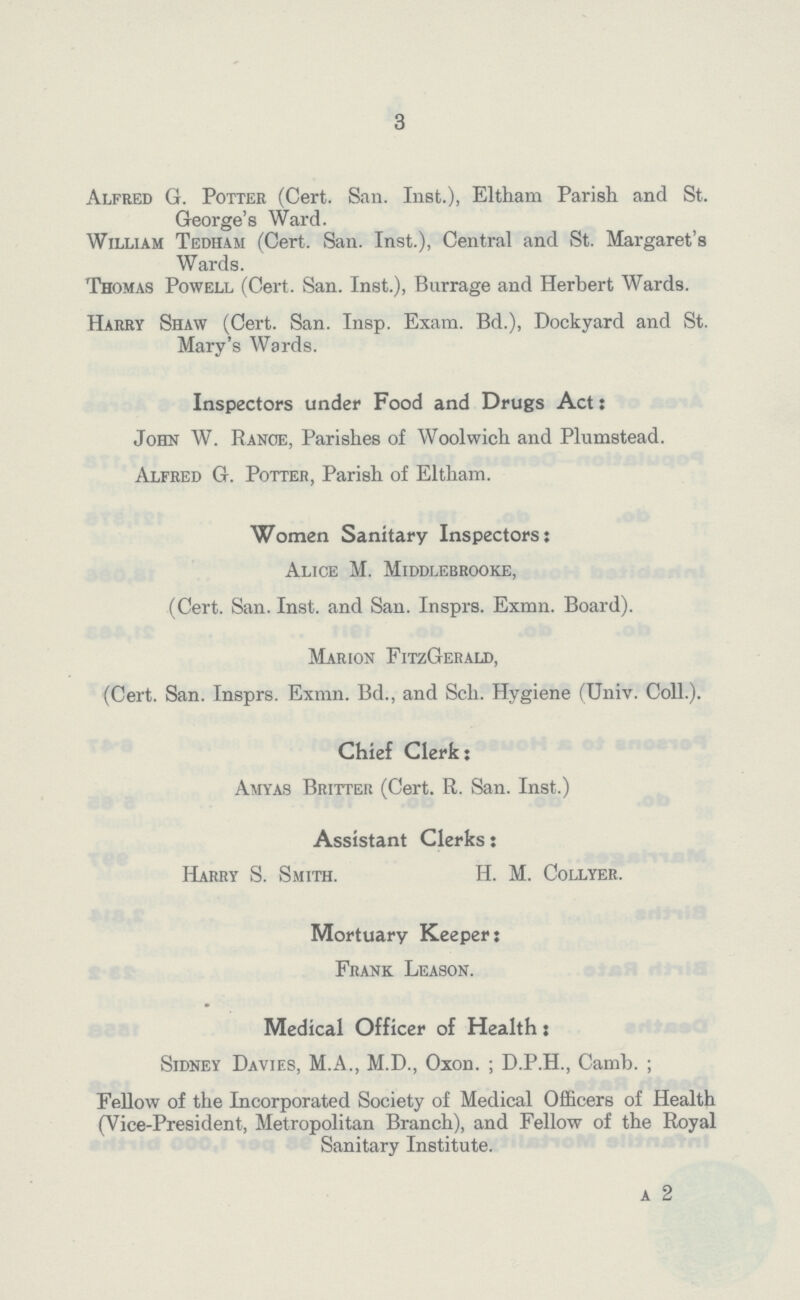 3 Alfred G. Potter (Cert. San. Inst.), Eltham Parish and St. George's Ward. William Tedham (Cert. San. Inst.), Central and St. Margaret's Wards. Thomas Powell (Cert. San. Inst.), Burrage and Herbert Wards. Harry Shaw (Cert. San. Insp. Exam. Bd.), Dockyard and St. Mary's Wards. Inspectors under Food and Drugs Act: John W. Range, Parishes of Woolwich and Plumstead. Alfred G. Potter, Parish of Eltham. Women Sanitary Inspectors; Alice M. Middlebrooke, (Cert. San. Inst, and San. Insprs. Exmn. Board). Marion FitzGerald, (Cert. San. Insprs. Exmn. Bd., and Sell. Hygiene (Univ. Coll.). Chief Clerk: Amyas Britteii (Cert. R. San. Inst.) Assistant Clerks: Harry S. Smith. H. M. Collyer. Mortuary Keeper: Frank Leason. Medical Officer of Health: Sidney Davies, M.A., M.D., Oxon. ; D.P.H., Camb. ; Fellow of the Incorporated Society of Medical Officers of Health (Vice-President, Metropolitan Branch), and Fellow of the Royal Sanitary Institute. a 2