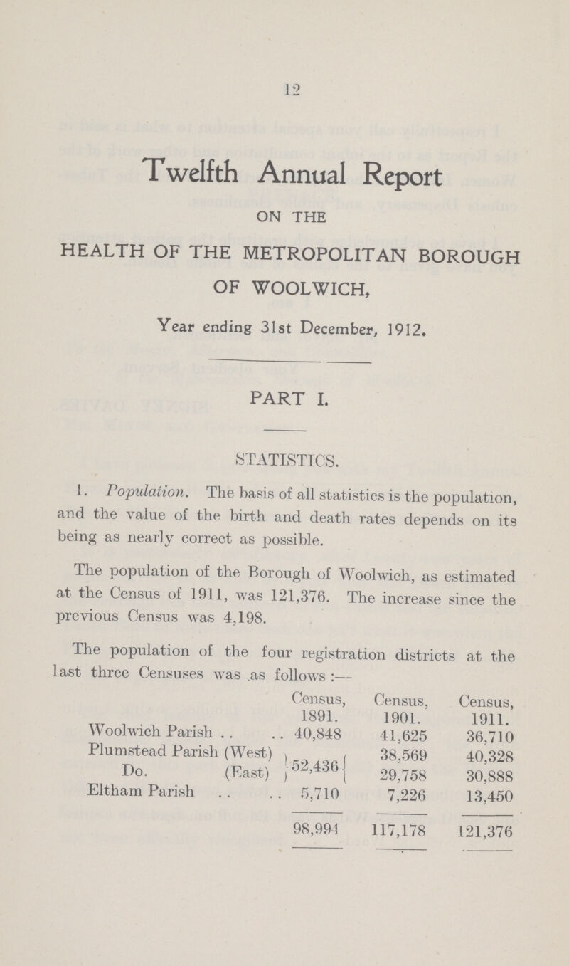 12 Twelfth Annual Report ON THE HEALTH OF THE METROPOLITAN BOROUGH OF WOOLWICH, Year ending 31st December, 1912. PART I. STATISTICS. 1. Population. The basis of all statistics is the population, and the value of the birth and death rates depends on its being as nearly correct as possible. The population of the Borough of Woolwich, as estimated at the Census of 1911, was 121,376. The increase since the previous Census was 4,198. The population of the four registration districts at the last three Censuses was as follows:— Census, 1891. Census, 1901. Census, 1911. Woolwich Parish 40,848 41,625 36,710 Plumstead Parish (West) 52,4361 38,569 40,328 Do. (East) 29,758 30,888 Eltham Parish 5,710 7,226 13,450 98,994 117,178 121,376