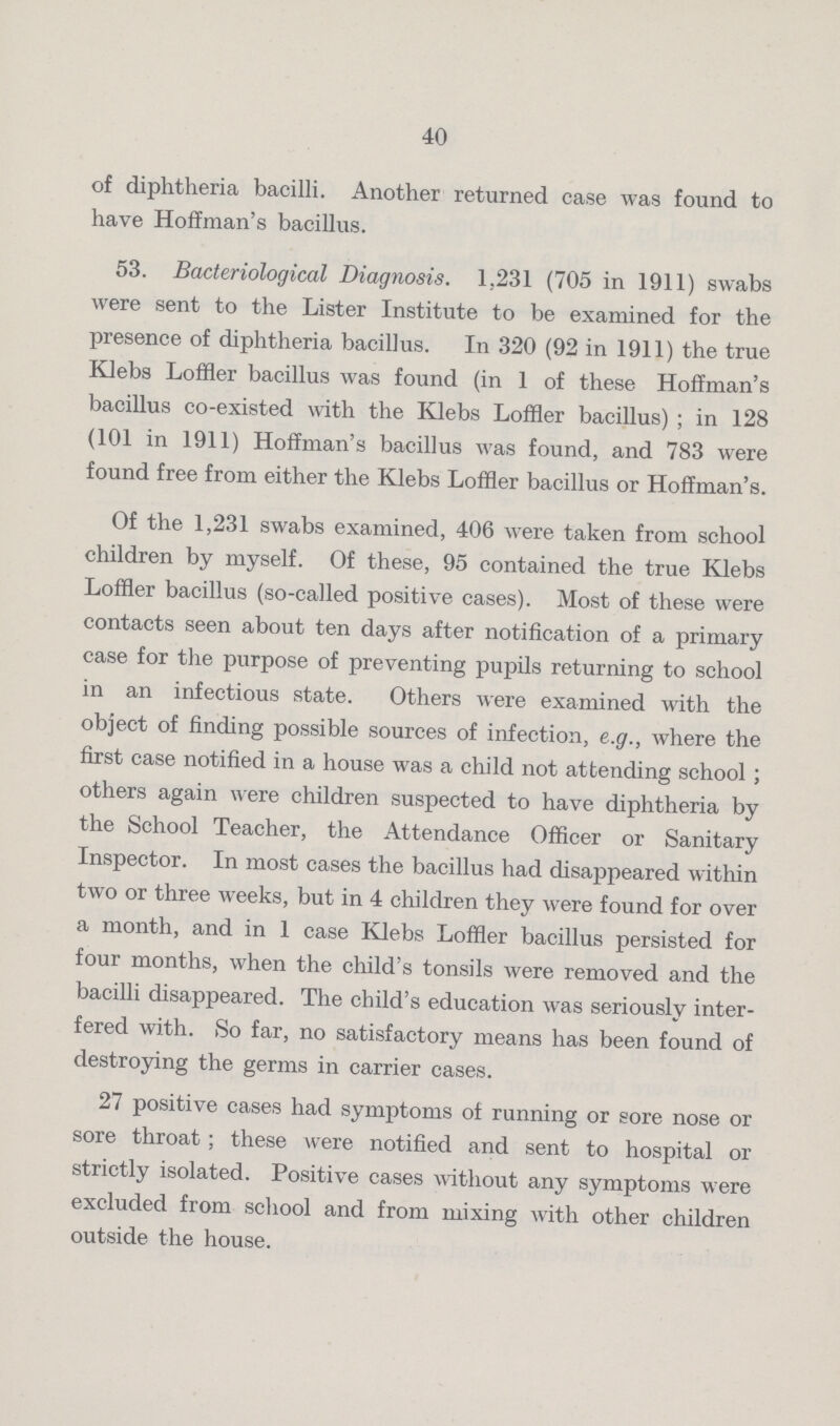 40 of diphtheria bacilli. Another returned case was found to have Hoffman's bacillus. 53. Bacteriological Diagnosis. 1.231 (705 in 1911) swabs were sent to the Lister Institute to be examined for the presence of diphtheria bacillus. In 320 (92 in 1911) the true Klebs Loffler bacillus was found (in 1 of these Hoffman's bacillus co-existed with the Klebs Loffler bacillus); in 128 (101 in 1911) Hoffman's bacillus was found, and 783 were found free from either the Klebs Loffler bacillus or Hoffman's. Of the 1,231 swabs examined, 406 were taken from school children by myself. Of these, 95 contained the true Klebs Loffler bacillus (so-called positive cases). Most of these were contacts seen about ten days after notification of a primary case for the purpose of preventing pupils returning to school in an infectious state. Others were examined with the object of finding possible sources of infection, e.g., where the first case notified in a house was a child not attending school ; others again were children suspected to have diphtheria by the School Teacher, the Attendance Officer or Sanitary Inspector. In most cases the bacillus had disappeared within two or three weeks, but in 4 children they were found for over a month, and in 1 case Klebs Loffler bacillus persisted for four months, when the child's tonsils were removed and the bacilli disappeared. The child's education was seriously inter fered with. So far, no satisfactory means has been found of destroying the germs in carrier cases. 27 positive cases had symptoms of running or sore nose or sore throat; these were notified and sent to hospital or strictly isolated. Positive cases without any symptoms were excluded from school and from mixing with other children outside the house.