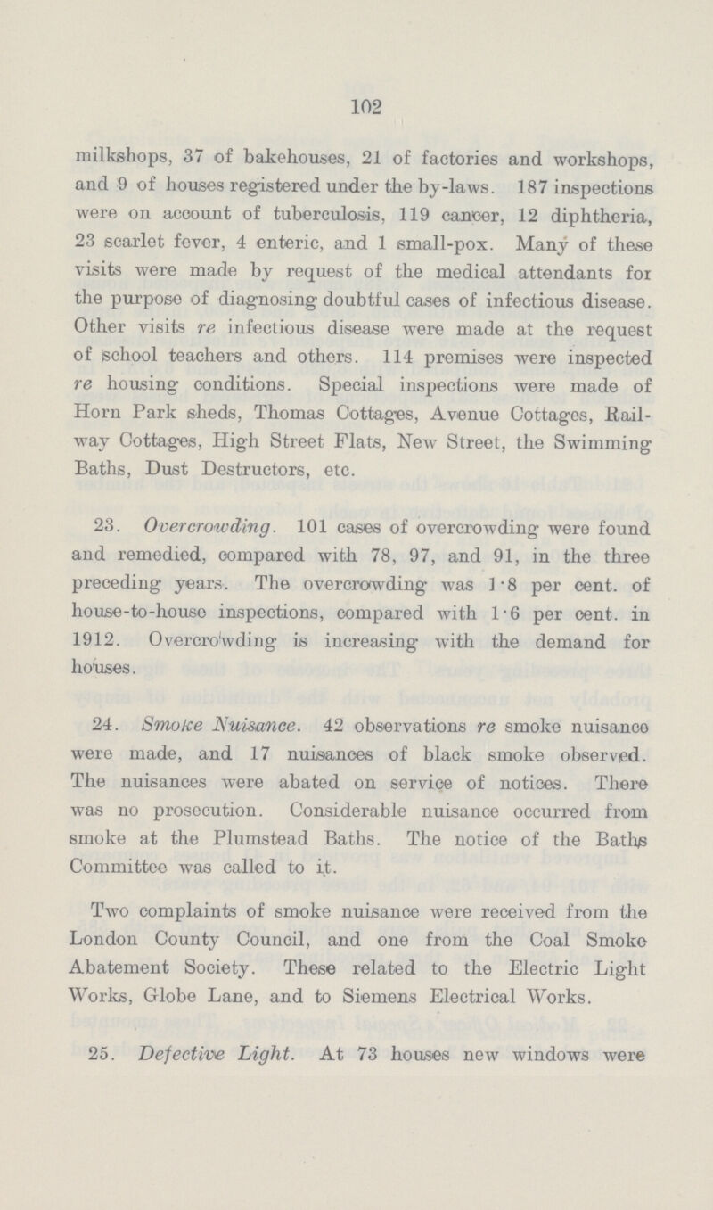 102 milkshops, 37 of bakehouses, 21 of factories and workshops, and 9 of houses registered under the by-laws. 187 inspections were on account of tuberculosis, 119 cancer, 12 diphtheria, 23 scarlet fever, 4 enteric, and 1 small-pox. Many of these visits were made by request of the medical attendants for the purpose of diagnosing doubtful cases of infectious disease. Other visits re infectious disease were made at the request of school teachers and others. 114 premises were inspected re housing conditions. Special inspections were made of Horn Park sheds, Thomas Cottages, Avenue Cottages, Rail way Cottages, High Street Flats, New Street, the Swimming Baths, Dust Destructors, etc. 23. Overcrowding. 101 cases of overcrowding were found and remedied, compared with 78, 97, and 91, in the three preceding years. The overcrowding was 1.8 per cent. of house-to-house inspections, compared with 1.6 per oent. in 1912. Overcrowding is increasing with the demand for houses. 24. Smoke Nuisance. 42 observations re smoke nuisance were made, and 17 nuisances of black smoke observed. The nuisances were abated on service of notices. There was no prosecution. Considerable nuisance occurred from smoke at the Plumstead Baths. The notice of the Baths Committee was called to i,t. Two complaints of smoke nuisance were received from the London County Council, and one from the Coal Smoke Abatement Society. These related to the Electric Light Works, Globe Lane, and to Siemens Electrical Works. 25. Defective Light. At 73 houses new windows were