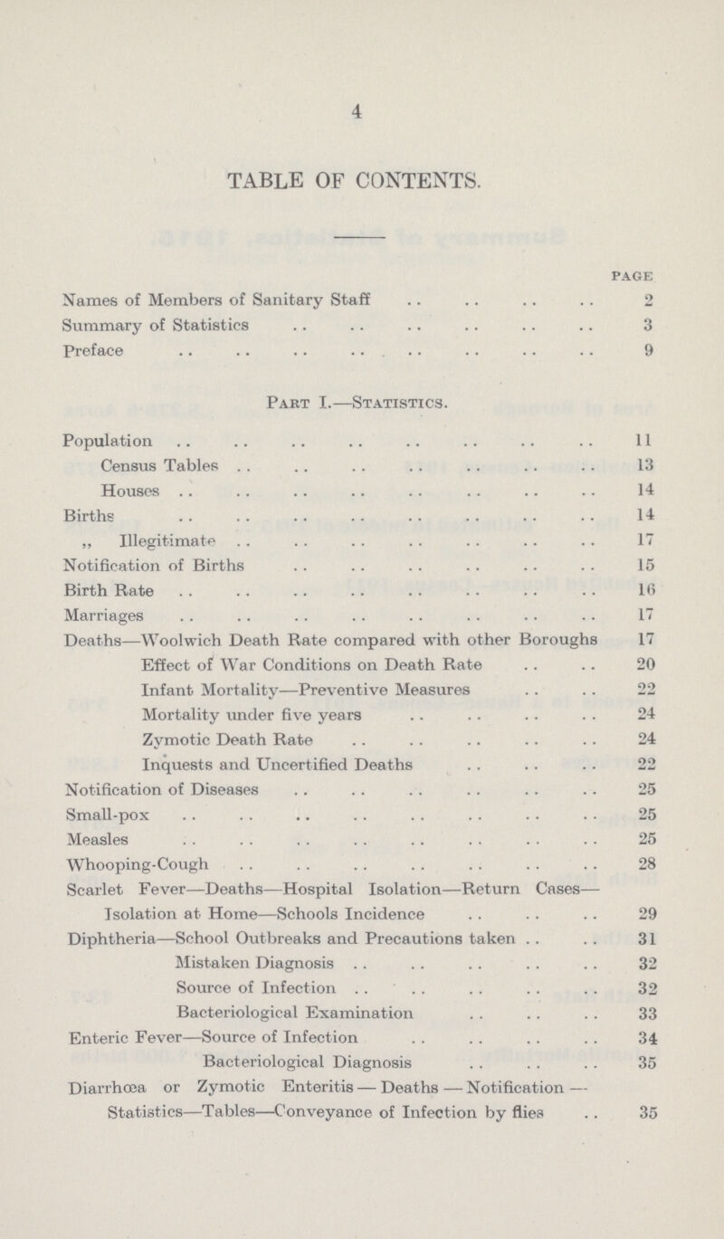 4 table of contents. page Names of Members of Sanitary Staff 2 Summary of Statistics 3 Preface 9 Part I.—Statistics. Population 11 Census Tables 13 Houses 14 Births 14 „ Illegitimate 17 Notification of Births 15 Birth Rate16 Marriages 17 Deaths—Woolwich Death Rate compared with other Boroughs 17 Effect of War Conditions on Death Rate 20 Infant Mortality—Preventive Measures 22 Mortality under five years 24 Zymotic Death Rate 24 Inquests and Uncertified Deaths 22 Notification of Diseases 25 Small-pox 25 Measles 25 Whooping-Cough 28 Scarlet Fever—Deaths—Hospital Isolation—Return Cases— Isolation at Home—Schools Incidence 29 Diphtheria—School Outbreaks and Precautions taken 31 Mistaken Diagnosis 32 Source of Infection 32 Bacteriological Examination 33 Enteric Fever—Source of Infection 34 Bacteriological Diagnosis 35 Diarrhoea or Zymotic Enteritis — Deaths—Notification — Statistics—Tables—Conveyance of Infection by flies 35