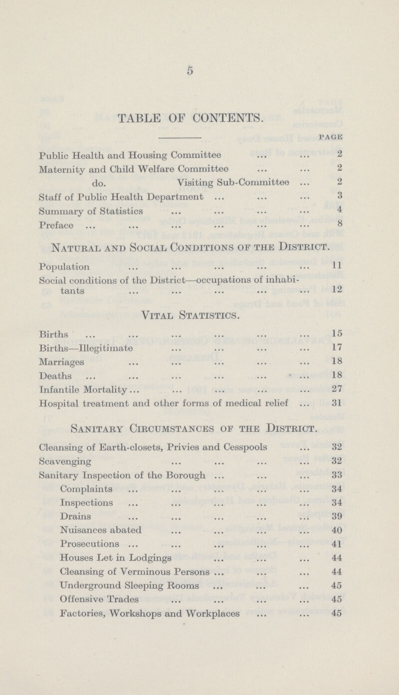 5 TABLE OF CONTENTS. page Public Health and Housing Committee 2 Maternity and Child Welfare Committee 2 do. Visiting Sub-Committee 2 Staff of Public Health Department 3 Summary of Statistics 4 Preface 8 Natural and Social Conditions of the District. Population 11 Social conditions of the District—occupations of inhabi tants 12 Vital Statistics. Births 15 Births—Illegitimate 17 Marriages 18 Deaths 18 Infantile Mortality 27 Hospital treatment and other forms of medical relief 31 Sanitary Circumstances of the District. Cleansing of Earth-closets, Privies and Cesspools 32 Scavenging 32 Sanitary Inspection of the Borough 33 Complaints 34 Inspections 34 Drains 39 Nuisances abated 40 Prosecutions 41 Houses Let in Lodging 44 Cleansing of Verminous Persons 44 Underground Sleeping Rooms 45 Offensive Trades 45 Factories, Workshops and Workplaces 45
