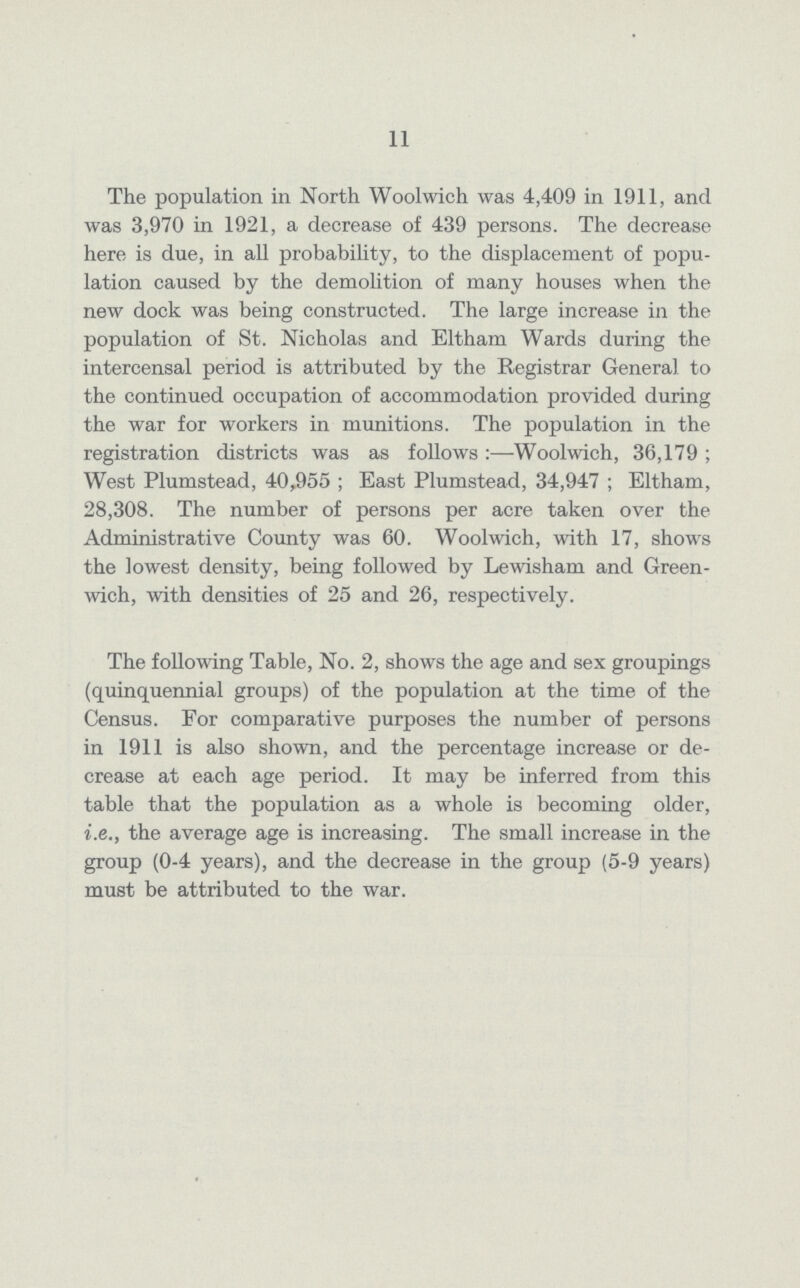 11 The population in North Woolwich was 4,409 in 1911, and was 3,970 in 1921, a decrease of 439 persons. The decrease here is due, in all probability, to the displacement of popu lation caused by the demolition of many houses when the new dock was being constructed. The large increase in the population of St. Nicholas and Eltham Wards during the intercensal period is attributed by the Registrar General to the continued occupation of accommodation provided during the war for workers in munitions. The population in the registration districts was as follows:—Woolwich, 36,179; West Plumstead, 40,955; East Plumstead, 34,947; Eltham, 28,308. The number of persons per acre taken over the Administrative County was 60. Woolwich, with 17, shows the lowest density, being followed by Lewisham and Green wich, with densities of 25 and 26, respectively. The following Table, No. 2, shows the age and sex groupings (quinquennial groups) of the population at the time of the Census. For comparative purposes the number of persons in 1911 is also shown, and the percentage increase or de crease at each age period. It may be inferred from this table that the population as a whole is becoming older, i.e., the average age is increasing. The small increase in the group (0-4 years), and the decrease in the group (5-9 years) must be attributed to the war.
