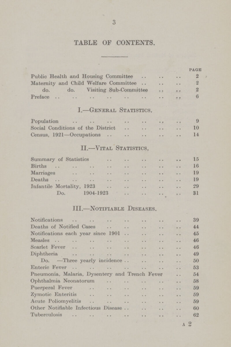 3 TABLE OF CONTENTS. page Public Health and Housing Committee 2 Maternity and Child Welfare Committee 2 do. do. Visiting Sub-Committee 2 Preface 6 I.—General Statistics. Population 9 Social Conditions of the District 10 Census, 1921—Occupations 14 II.—Vital Statistics. Summary of Statistics 15 Births 16 Marriages 19 Deaths 19 Infantile Mortality, 1923 29 Do. 1904-1923 31 III.—Notifiable Diseases. Notifications 39 Deaths of Notified Cases 44 Notifications each year since 1901 45 Measles 46 Scarlet Fever 46 Diphtheria 49 Do. —Three yearly incidence 50 Enteric Fever 53 Pneumonia. Malaria, Dysentery and Trench Fever 54 Ophthalmia Neonatorum 8 Puerperal Fever 59 Zymotic Enteritis 59 Acute Poliomyelitis 59 Other Notifiable Infectious Disease 60 Tuberculosis 62 a 2