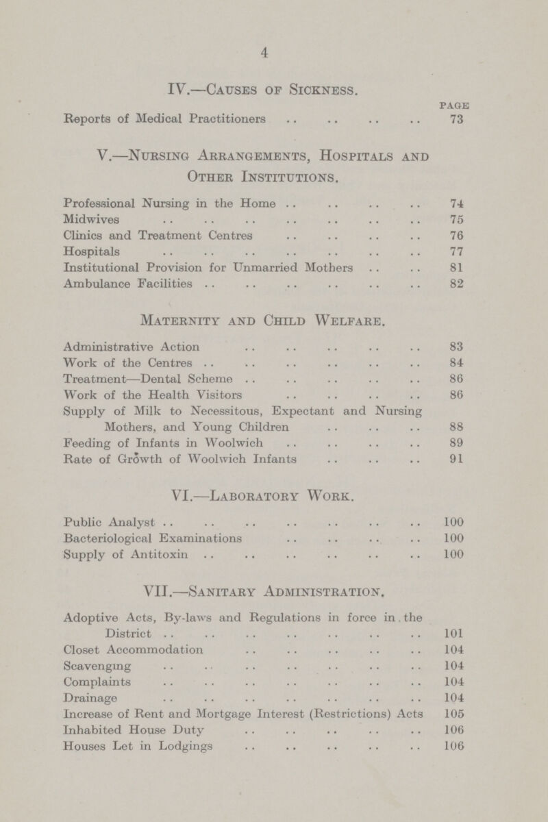 4 IV.—Causes of Sickness. page Reports of Medical Practitioners 73 V.—Nursing Arrangements, Hospitals and Other Institutions. Professional Nursing in the Home 74 Midwives 75 Clinics and Treatment Centres 76 Hospitals 77 Institutional Provision for Unmarried Mothers 81 Ambulance Facilities 82 Maternity and Child Welfare. Administrative Action 83 Work of the Centres 84 Treatment—Dental Scheme 86 Work of the Health Visitors 86 Supply of Milk to Necessitous, Expectant and Nursing Mothers, and Young Children 88 Feeding of Infants in Woolwich 89 Rate of Growth of Woolwich Infants 91 VI.—Laboratory Work. Public Analyst 100 Bacteriological Examinations 100 Supply of Antitoxin 100 VII.—Sanitary Administration. Adoptive Acts, By-laws and Regulations in force in the District 101 Closet Accommodation 104 Scavenging 104 Complaints 104 Drainage 104 Increase of Rent and Mortgage Interest (Restrictions) Acts 105 Inhabited House Duty 106 Houses Let in Lodgings 106