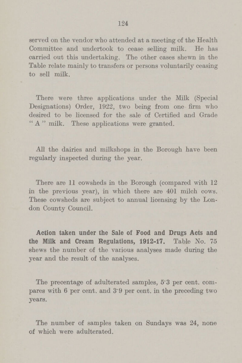 124 served on the vendor who attended at a meeting of the Health Committee and undertook to cease selling milk. He has carried out this undertaking. The other cases shewn in the Table relate mainly to transfers or persons voluntarily ceasing to sell milk. There were three applications under the Milk (Special Designations) Order, 1922, two being from one firm who desired to be licensed for the sale of Certified and Grade A milk. These applications were granted. All the dairies and milkshops in the Borough have been regularly inspected during the year. There are 11 cowsheds in the Borough (compared with 12 in the previous year), in which there are 401 milch cows. These cowsheds are subject to annual licensing by the Lon don County Council. Action taken under the Sale of Food and Drugs Acts and the Milk and Cream Regulations, 1912-17. Table No. 75 shews the number of the various analyses made during the year and the result of the analyses. The precentage of adulterated samples, 5.3 per cent. com pares with 6 per cent. and 3.9 per cent. in the preceding two years. The number of samples taken on Sundays was 24, none of which were adulterated.