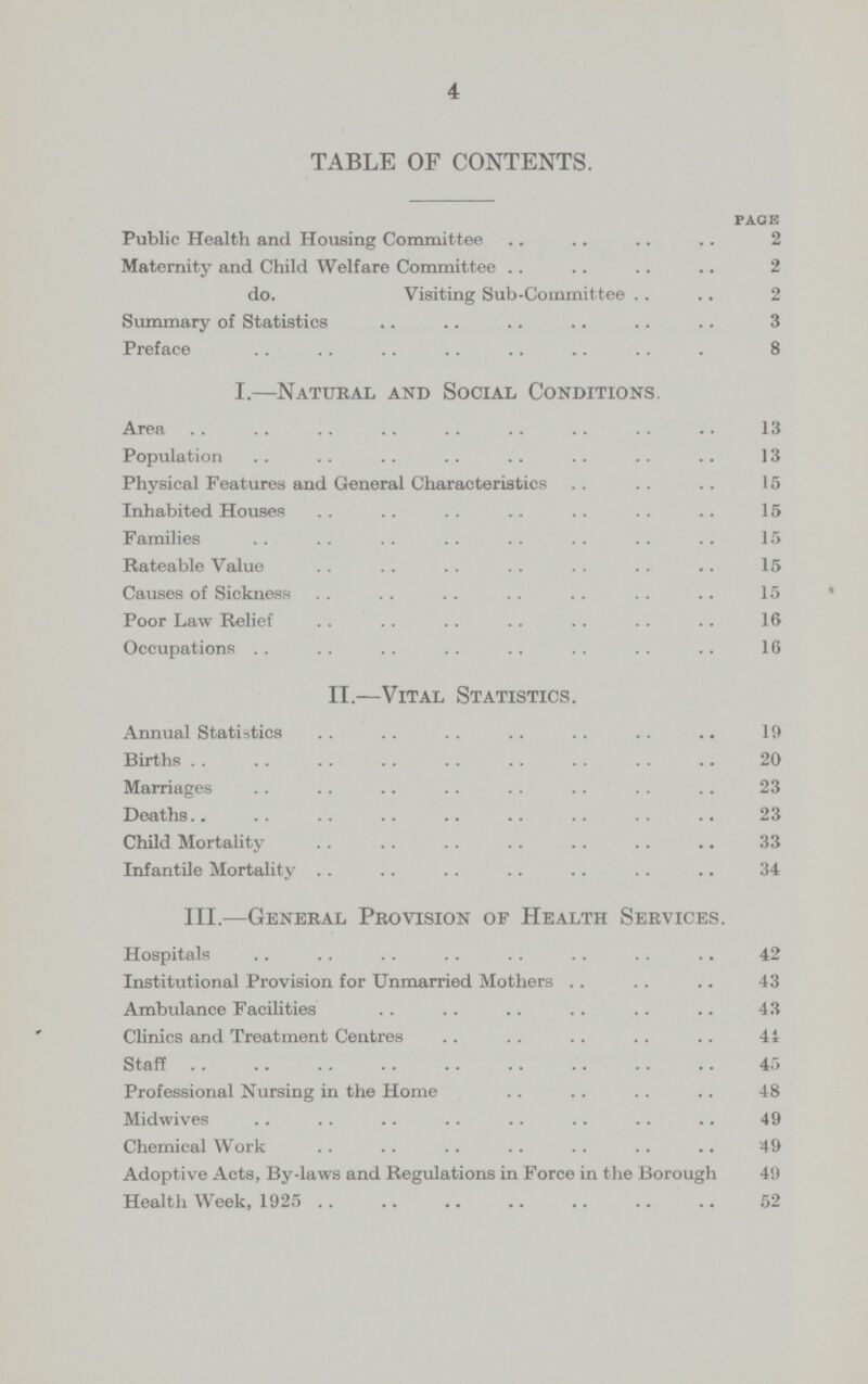 4 TABLE OF CONTENTS. PAGE Public Health and Housing Committee 2 Maternity and Child Welfare Committee 2 do. Visiting Sub-Committee 2 Summary of Statistics 3 Preface 8 I.—Natural and Social Conditions. Area 13 Population 13 Physical Features and General Characteristics 15 Inhabited Houses 15 Families 15 Rateable Value 15 Causes of Sickness 15 Poor Law Relief 16 Occupations 16 II.—Vital Statistics. Annual Statistics 19 Births 20 Marriages 23 Deaths 23 Child Mortality 33 Infantile Mortality 34 III.—General Provision of Health Services. Hospitals 42 Institutional Provision for Unmarried Mothers 43 Ambulance Facilities 43 Clinics and Treatment Centres 44 Staff 45 Professional Nursing in the Home 48 Midwives 49 Chemical Work 49 Adoptive Acts, By-laws and Regulations in Force in the Borough 49 Health Week, 1925 52