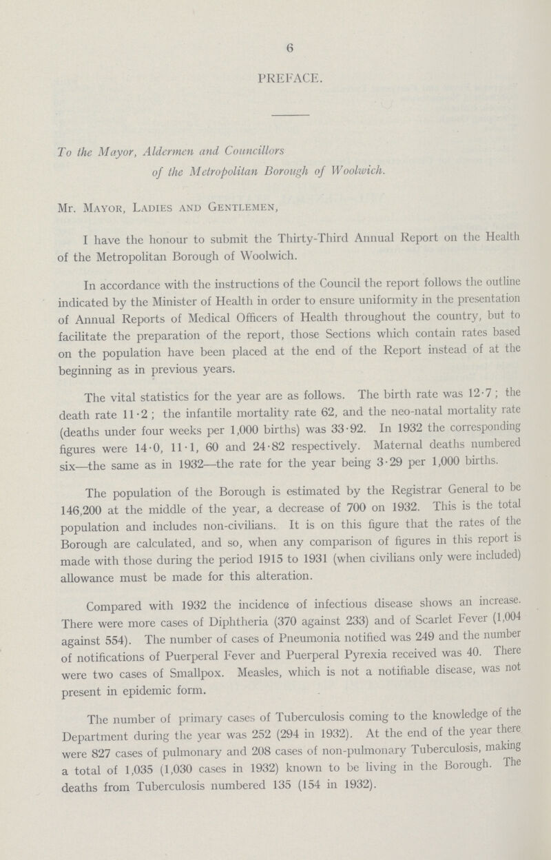 6 PREFACE. To the Mayor, Aldermen and Councillors of the Metropolitan Borough of Woolwich. Mr. Mayor, Ladies and Gentlemen, I have the honour to submit the Thirty-Third Annual Report on the Health of the Metropolitan Borough of Woolwich. In accordance with the instructions of the Council the report follows the outline indicated by the Minister of Health in order to ensure uniformity in the presentation of Annual Reports of Medical Officers of Health throughout the country, but to facilitate the preparation of the report, those Sections which contain rates based on the population have been placed at the end of the Report instead of at the beginning as in previous years. The vital statistics for the year are as follows. The birth rate was 12.7; the death rate 11.2; the infantile mortality rate 62, and the neo-natal mortality rate (deaths under four weeks per 1,000 births) was 33.92. In 1932 the corresponding figures were 14.0, 11.1, 60 and 24.82 respectively. Maternal deaths numbered six—the same as in 1932—the rate for the year being 3.29 per 1,000 births. The population of the Borough is estimated by the Registrar General to be 146,200 at the middle of the year, a decrease of 700 on 1932. This is the total population and includes non-civilians. It is on this figure that the rates of the Borough are calculated, and so, when any comparison of figures in this report is made with those during the period 1915 to 1931 (when civilians only were included) allowance must be made for this alteration. Compared with 1932 the incidence of infectious disease shows an increase. There were more cases of Diphtheria (370 against 233) and of Scarlet Fever (1,004 against 554). The number of cases of Pneumonia notified was 249 and the number of notifications of Puerperal Fever and Puerperal Pyrexia received was 40. There were two cases of Smallpox. Measles, which is not a notifiable disease, was not present in epidemic form. The number of primary cases of Tuberculosis coming to the knowledge of the Department during the year was 252 (294 in 1932). At the end of the year there were 827 cases of pulmonary and 208 cases of non-pulmonary Tuberculosis, making a total of 1,035 (1,030 cases in 1932) known to be living in the Borough. The deaths from Tuberculosis numbered 135 (154 in 1932).