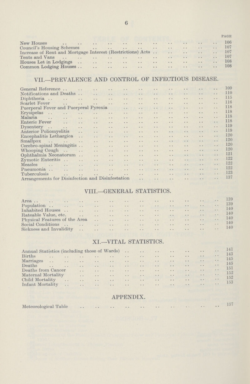 6 page New Houses 106 Council's Housing Schemes 107 Increase of Rent and Mortgage Interest (Restrictions) Acts 107 Tents and Vans 107 Houses Let in Lodgings 108 Common Lodging Houses 108 VII.— PREVALENCE AND CONTROL OF INFECTIOUS DISEASE. General Reference 109 Notifications and Deaths 110 Diphtheria 115 Scarlet Fever 116 Puerperal Fever and Puerperal Pyrexia 118 Erysipelas 118 Malaria 118 Enteric Fever 118 Dysentery 119 Anterior Poliomyelitis 119 Encephalitis Lethargica 120 Smallpox 120 Cerebro-spinal Meningitis 120 Whooping Cough 120 Ophthalmia Neonatorum 121 Zymotic Enteritis 122 Measles 122 Pneumonia 122 Tuberculosis 123 Arrangements for Disinfection and Disinfestation 137 VIII.— GENERAL STATISTICS. Area 139 Population 139 Inhabited Houses 140 Rateable Value, etc. 140 Physical Features of the Area 140 Social Conditions 140 Sickness and Invalidity 140 XI.— VITAL STATISTICS. Annual Statistics (including those of Wards) 141 Births 143 Marriages 145 Deaths 145 Deaths from Cancer l51 Maternal Mortality 152 Child Mortality 152 Infant Mortality 153 APPENDIX. Meteorological Table 157