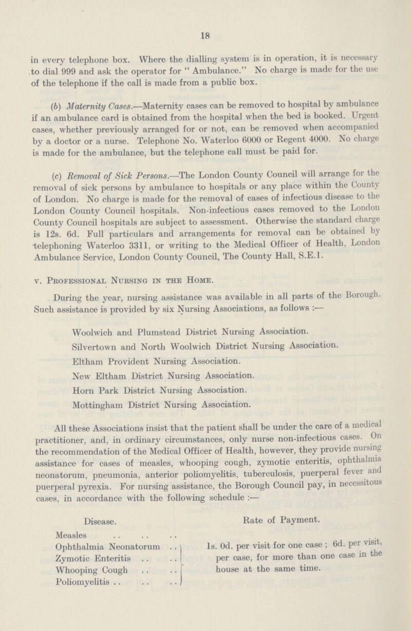 18 in every telephone box. Where the dialling system is in operation, it is necessary to dial 999 and ask the operator for Ambulance. No charge is made for the use of the telephone if the call is made from a public box. (b) Maternity Cases.— Maternity cases can be removed to hospital by ambulance if an ambulance card is obtained from the hospital when the bed is booked. Urgent cases, whether previously arranged for or not, can be removed when accompanied by a doctor or a nurse. Telephone No. Waterloo 6000 or Regent 4000. No charge is made for the ambulance, but the telephone call must be paid for. (c) Removal of Sick Persons.— The London County Council will arrange for the removal of sick persons by ambulance to hospitals or any place within the County of London. No charge is made for the removal of cases of infectious disease to the London County Council hospitals. Non-infectious cases removed to the London County Council hospitals are subject to assessment. Otherwise the standard charge is 12s. 6d. Full particulars and arrangements for removal can be obtained by telephoning Waterloo 3311, or writing to the Medical Officer of Health, London Ambulance Service, London County Council, The County Hall, S.E.I. v. Professional Nursing in the Home. During the year, nursing assistance was available in all parts of the Borough. Such assistance is provided by six Nursing Associations, as follows:— Woolwich and Plumstead District Nursing Association. Silvertown and North Woolwich District Nursing Association. Eltham Provident Nursing Association. New Eltham District Nursing Association. Horn Park District Nursing Association. Mottingham District Nursing Association. All these Associations insist that the patient shall be under the care of a medical practitioner, and, in ordinary circumstances, only nurse non-infectious cases. On the recommendation of the Medical Officer of Health, however, they provide nursing assistance for cases of measles, whooping cough, zymotic enteritis, ophthalmia neonatorum, pneumonia, anterior poliomyelitis, tuberculosis, puerperal fever and puerperal pyrexia. For nursing assistance, the Borough Council pay, in necessitous cases, in accordance with the following schedule:— Disease. Rate of Payment. Measles Ophthalmia Neonatorum 1s. 0d. per visit for one case; 6d. per visit, Zymotic Enteritis per case, for more than one case in the Whooping Cough house at the same time. Poliomyelitis