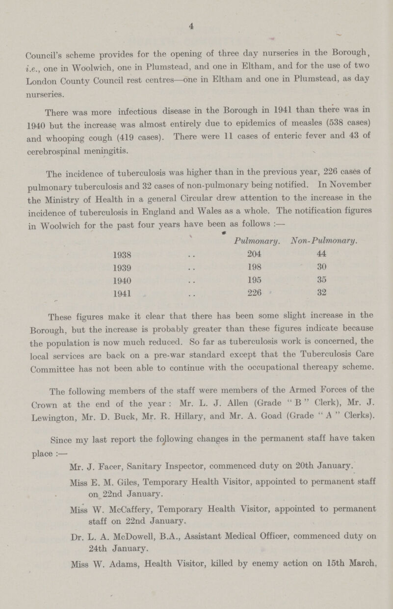 4 Council's scheme provides for the opening of three day nurseries in the Borough, i.e., one in Woolwich, one in Plumstead, and one in Eltham, and for the use of two London County Council rest centres—one in Eltham and one in Plumstead, as day nurseries. There was more infectious disease in the Borough in 1941 than there was in 1940 but the increase was almost entirely due to epidemics of measles (538 cases) and whooping cough (419 cases). There were 11 cases of enteric fever and 43 of cerebrospinal meningitis. The incidence of tuberculosis was higher than in the previous year, 226 cases of pulmonary tuberculosis and 32 cases of non-pulmonary being notified. In November the Ministry of Health in a general Circular drew attention to the increase in the incidence of tuberculosis in England and Wales as a whole. The notification figures in Woolwich for the past four years have been as follows:— Pulmonary. Non-Pulmonary. 1938 204 44 1939 198 30 1940 195 35 1941 226 32 These figures make it clear that there has been some slight increase in the Borough, but the increase is probably greater than these figures indicate because the population is now much reduced. So far as tuberculosis work is concerned, the local services are back on a pre-war standard except that the Tuberculosis Care Committee has not been able to continue with the occupational thereapy scheme. The following members of the staff were members of the Armed Forces of the Crown at the end of the year : Mr. L. J. Allen (Grade B Clerk), Mr. J. Lewington, Mr. D. Buck, Mr. R. Hillary, and Mr. A. Goad (Grade A Clerks). Since my last report the following changes in the permanent staff have taken place :— Mr. J. Facer, Sanitary Inspector, commenced duty on 20th January. Miss E. M. Giles, Temporary Health Visitor, appointed to permanent staff on 22nd January. Miss W. McCaffery, Temporary Health Visitor, appointed to permanent staff on 22nd January. Dr. L. A. McDowell, B.A., Assistant Medical Officer, commenced duty on 24th January. Miss W. Adams, Health Visitor, killed by enemy action on 15th March,
