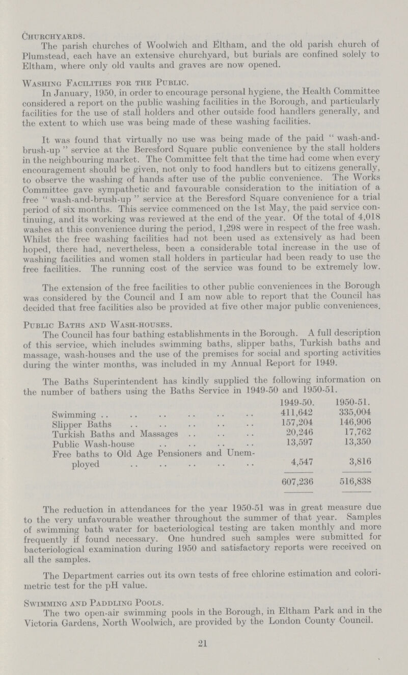 Churchyards. The parish churches of Woolwich and Elthara, and the old parish church of Plumstead, each have an extensive churchyard, but burials are confined solely to Eltham, where only old vaults and graves are now opened. Washing Facilities for the Public. In January, 1950, in order to encourage personal hygiene, the Health Committee considered a report on the public washing facilities in the Borough, and particularly facilities for the use of stall holders and other outside food handlers generally, and the extent to which use was being made of these washing facilities. It was found that virtually no use was being made of the paid wash-and brush-up service at the Beresford Square public convenience by the stall holders in the neighbouring market. The Committee felt that the time had come when every encouragement should be given, not only to food handlers but to citizens generally, to observe the washing of hands after use of the public convenience. The Works Committee gave sympathetic and favourable consideration to the initiation of a free wash-and-brush-up service at the Beresford Square convenience for a trial period of six months. This service commenced on the 1st May, the paid service con tinuing, and its working was reviewed at the end of the year. Of the total of 4,018 washes at this convenience during the period, 1,298 were in respect of the free wash. Whilst the free washing facilities had not been used as extensively as had been hoped, there had, nevertheless, been a considerable total increase in the use of washing facilities and women stall holders in particular had been ready to use the free facilities. The running cost of the service was found to be extremely low. The extension of the free facilities to other public conveniences in the Borough was considered by the Council and I am now able to report that the Council has decided that free facilities also be provided at five other major public conveniences. Public Baths and Wash-houses. The Council has four bathing establishments in the Borough. A full description of this service, which includes swimming baths, slipper baths, Turkish baths and massage, wash-houses and the use of the premises for social and sporting activities during the winter months, was included in my Annual Report for 1949. The Baths Superintendent has kindly supplied the following information on the number of bathers using the Baths Service in 1949-50 and 1950-51. 1949-50. 1950-51. Swimming 411,642 335,004 Slipper Baths 157,204 146,906 Turkish Baths and Massages 20,246 17,762 Public Wash-house 13,597 13,350 Free baths to Old Age Pensioners and Unem ployed 4,547 3,816 607,236 516,838 The reduction in attendances for the year 1950-51 was in great measure due to the very unfavourable weather throughout the summer of that year. Samples of swimming bath water for bacteriological testing are taken monthly and more frequently if found necessary. One hundred such samples were submitted for bacteriological examination during 1950 and satisfactory reports were received on all the samples. The Department carries out its own tests of free chlorine estimation and colori metric test for the pH value. Swimming and Paddling Pools. The two open-air swimming pools in the Borough, in Eltham Park and in the Victoria Gardens, North Woolwich, are provided by the London County Council. 21