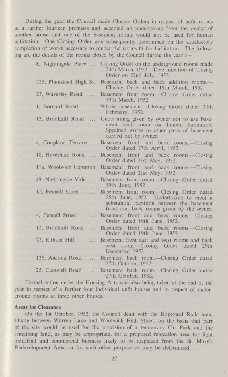 During the year the Council made Closing Orders in respect of unfit rooms at a further fourteen premises and accepted an undertaking from the owner of another house that one of the basement rooms would not be used for human habitation. One Closing Order was subsequently determined on the satisfactory completion of works necessary to render the rooms fit for habitation. The follow ing are the details of the rooms closed by the Council during the year:— 8, Nightingale Place losing Order on the underground rooms made 24th March, 1952. Determination of Closing Order on 22nd July, 1952. 225, Plumstead High St. Basement back and back addition rooms.— Closing Order dated 19th March, 1952. 27, Waverley Road Basement front room.—Closing Order dated 19th March, 1952. 1, Borgard Road Whole basement.—Closing Order dated 20th February, 1952. 13, Brookhill Road Undertaking given by owner not to use base ment back room for human habitation. Specified works to other parts of basement carried out by owner. 4, Coupland Terrace Basement front and back rooms.—Closing Order dated 17th April, 1952. 18, Heverham Road Basement front and back rooms.—Closing Order dated 21st May, 1952. 11a, Woolwich Common Basement front and back rooms.—Closing Order dated 21st May, 1952. 49, Nightingale Vale Basement front room.—Closing Order dated 19th June, 1952. 12, Fennell Street Basement front room.—Closing Order dated 25th June, 1952. Undertaking to erect a substantial partition between the basement front and back rooms given by the owner. 4, Fennell Street Basement front and back rooms.—Closing Order dated 19th June, 1952. 12, Brookhill Road Basement front and back rooms.—Closing Order dated 19th June, 1952. 72, Eltham Hill Basement front east and west rooms and back west room.—Closing Order dated 29th December, 1952. 126, Ancona Road Basement back room.—Closing Order dated 27th October, 1952. 25, Cantwell Road Basement back room.—Closing Order dated •27th October, 1952. Formal action under the Housing Acts was also being taken at the end of the year in respect of a further four individual unfit houses and in respect of under ground rooms at three other houses. Areas for Clearance On the 1st October, 1952, the Council dealt with the Ropeyard Rails area, situate between Warren Lane and Woolwich High Street, on the basis that part of the site would be used for the provision of a temporary Car Park and the remaining land, as may be appropriate, for a proposed relocation area for light industrial and commercial business likely to be displaced from the St. Mary's Redevelopment Area, or for such other purpose as may be determined. 27