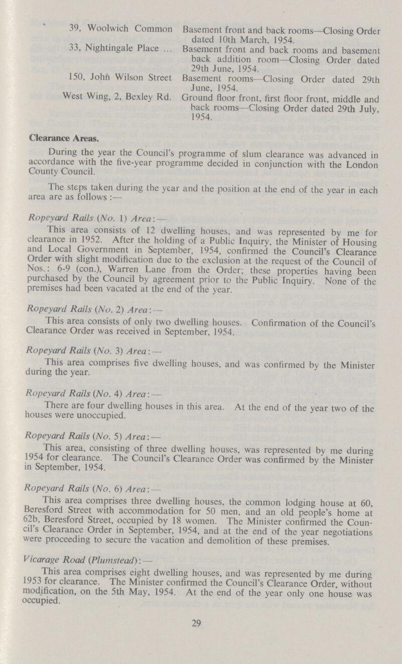 39, Woolwich Common Basement front and back rooms—Closing Order dated 10th March, 1954. 33, Nightingale Place Basement front and back rooms and basement back addition room—Closing Order dated 29th June, 1954. 150, John Wilson Street Basement rooms—Closing Order dated 29th June, 1954. West Wing, 2, Bexley Rd. Ground floor front, first floor front, middle and back rooms—Closing Order dated 29th July, 1954. Clearance Areas. During the year the Council's programme of slum clearance was advanced in accordance with the five-year programme decided in conjunction with the London County Council. The steps taken during the year and the position at the end of the year in each area are as follows:- Ropeyard Rails (No. 1) Area:- This area consists of 12 dwelling houses, and was represented by me for clearance in 1952. After the holding of a Public Inquiry, the Minister of Housing and Local Government in September, 1954, confirmed the Council's Clearance Order with slight modification due to the exclusion at the request of the Council of Nos.: 6-9 (con.), Warren Lane from the Order; these properties having been purchased by the Council by agreement prior to the Public Inquiry. None of the premises had been vacated at the end of the year. Ropey ard Rails (No. 2) Area:- This area consists of only two dwelling houses. Confirmation of the Council's Clearance Order was received in September, 1954. Ropeyard Rails (No. 3) Area:- This area comprises five dwelling houses, and was confirmed by the Minister during the year. Ropeyard Rails (No. 4) Area:- There are four dwelling houses in this area. At the end of the year two of the houses were unoccupied. Ropeyard Rails (No. 5) Area:- This area, consisting of three dwelling houses, was represented by me during 1954 for clearance. The Council's Clearance Order was confirmed by the Minister in September, 1954. Ropeyard Rails (No. 6) Area:- This area comprises three dwelling houses, the common lodging house at 60, Beresford Street with accommodation for 50 men, and an old people's home at 62b. Beresford Street, occupied by 18 women. The Minister confirmed the Coun cil's Clearance Order in September, 1954, and at the end of the year negotiations were proceeding to secure the vacation and demolition of these premises. Vicarage Road (Plumstead):- This area comprises eight dwelling houses, and was represented by me during 1953 for clearance. The Minister confirmed the Council's Clearance Order, without modification, on the 5th May, 1954. At the end of the year only one house was occupied. 29