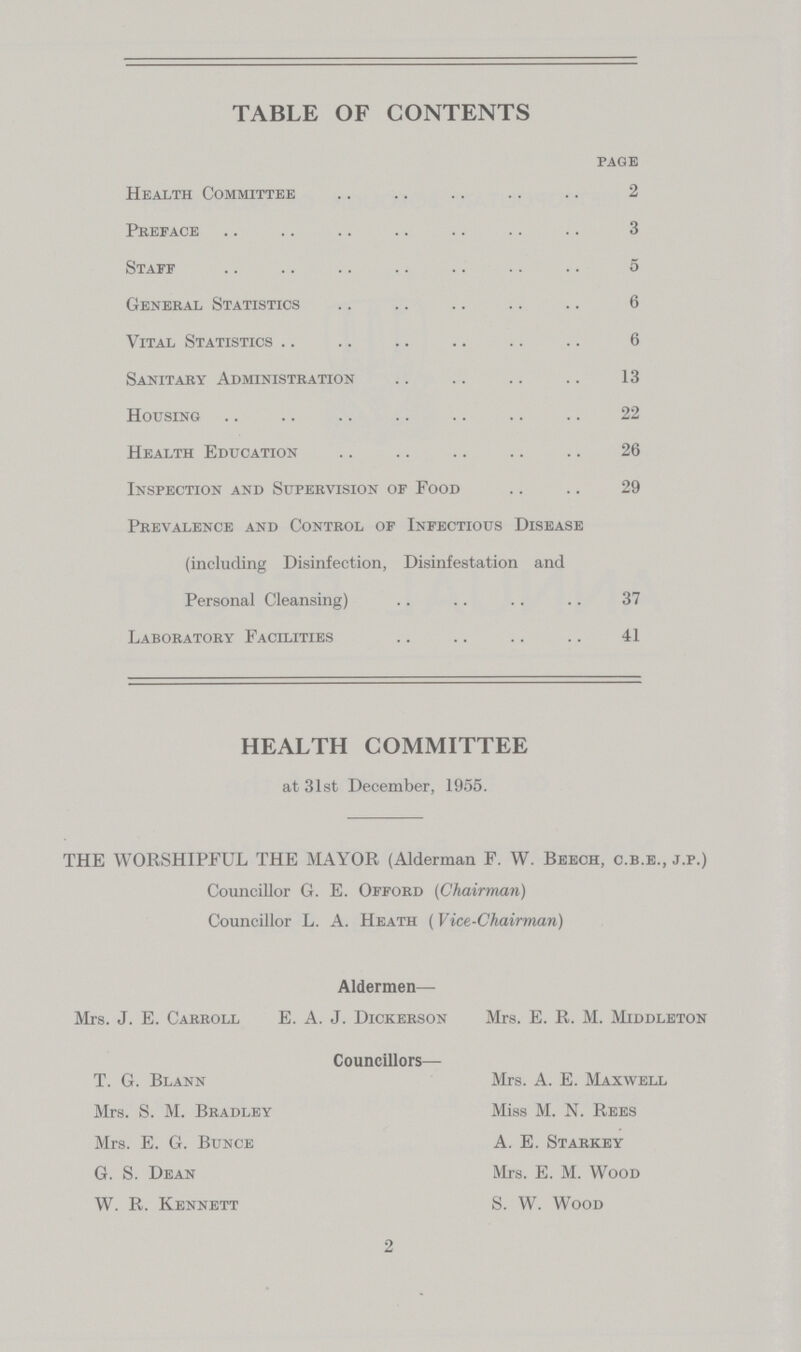 TABLE OF CONTENTS page Health Committee 2 Preface 3 Staff 5 General Statistics 6 Vital Statistics 6 Sanitary Administration 13 Housing 22 Health Education 26 Inspection and Supervision of Food 29 Prevalence and Control of Infectious Disease (including Disinfection, Disinfestation and Personal Cleansing) 37 Laboratory Facilities 41 HEALTH COMMITTEE at 31st December, 1955. THE WORSHIPFUL THE MAYOR (Alderman F. W. Beech, c.b.e., j.p.) Councillor G. E. Offord (Chairman) Councillor L. A. Heath (Vice-Chairman) Mrs. J. E. Carroll T. G. Blann Mrs. S. M. Bradley Mrs. E. G. Bunce G. S. Dean W. R. Kennett Aldermen— E. A. J. Dickerson Councillors— Mrs. E. R. M. Middleton Mrs. A. E. Maxwell Miss M. N. Rees A. E. Starkey Mrs. E. M. Wood S. W. Wood 2