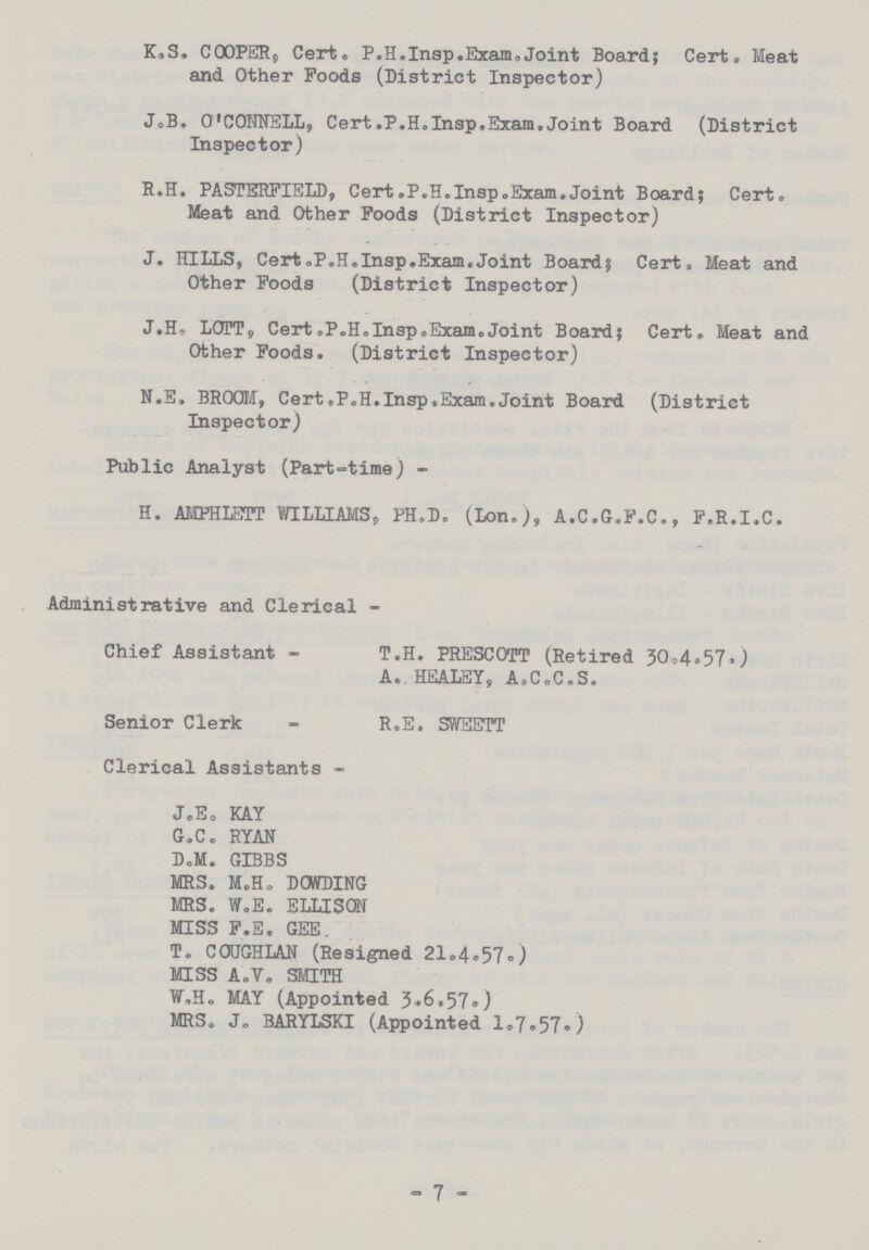 K,S. COOPER, Cert, P.H.Insp.Exam.Joint Board; Cert. Meat and Other Poods (District Inspector) J.B. O'CONNELL, Cert.P.H.Insp,Exam,Joint Board (District Inspector) R.H. PASTERFIELD, Cert.P.H.Insp,Exam,Joint Board; Cert, Meat and Other Poods (District Inspector) J. HILLS, Cert.P.H.Insp.Exam.Joint Board; Cert, Meat and Other Poods (District Inspector) J.H. LOTT, Cert.P.H.Insp.Exam.Joint Board; Cert, Meat and Other Foods. (District Inspector) N.E. BROOM, Cert.P.H.Insp.Exam.Joint Board (District Inspector) Public Analyst (Part-time) - H. AMPHLETT WILLIAMS, PH.D. (Lon.), A.C.G.F.C., F.R.I.C. Administrative and Clerical - Chief Assistant - T.H. PRESCOTT (Retired 30.4.57.) A.HSALEY, A.C.C.S. Senior Clerk - R.E, SWEETT Clerical Assistants - J.E. KAY G.C. RYAN D.M. GIBBS MRS. M.H. DOWDING MRS. W.E. ELLISON MISS F.E. GEE. T. COUGHLAN (Resigned 21.4.57.) MISS A.V. SMITH W.H. MAY (Appointed 3.6.57.) MRS, J, BARYLSKI (Appointed 1.7.57.) - 7 -