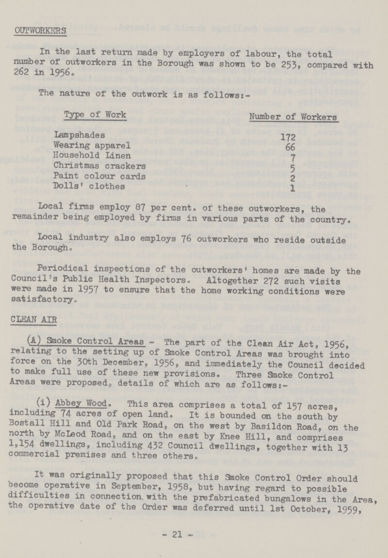 OUTWORKERS In the last return made by employers of labour, the total number of outworkers in the Borough was shown to be 253, compared with 262 in 1956, The nature of the outwork is as follows Type of Work Number of Workers Lampshades 172 Wearing apparel 66 Household Linen 7 Christmas crackers 5 Paint colour cards 2 Dolls1 clothes 1 Local firms employ 87 per cent, of these outworkers, the remainder being employed by firms in various parts of the country. Local industry also employs 76 outworkers who reside outside the Borough. Periodical inspections of the outworkers' homes are made by the Council's Public Health Inspectors, Altogether 272 such visits were made in 1957 to ensure that the home working conditions were satisfactory, CLEAN AIR (A) Smoke Control Areas - The part of the Clean Air Act, 1956, relating to the setting up of Smoke Control Areas was brought into force on the 30th December, 1956, and immediately the Council decided to make full use of these new provisions, Three Smoke Control Areas were proposed9 details of which are as followss- (i) Abbey Wood. This area comprises a total of 157 acres, including 74 acres of open land. It is bounded on the south by Bostall Hill and Old Park Road, on the west by Basildon Road, on the north by McLeod Road, and on the east by Knee Hill, and comprises 1,154 dwellings, including 432 Council dwellings, together with 13 commercial premises and three others. It was originally proposed that this Staoke Control Order should become operative in September, 1958, but having regard to possible difficulties in connection, with the prefabricated bungalows in the Area, the operative date of the Order was deferred until 1st October, 1959, -21 -