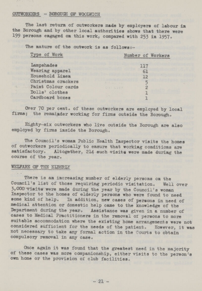 OUTWORKERS - BOROUGH OF WOOLWICH The last return of outworkers mad by employers of labour in the Borough and by other local authorities shows that there were 199 persons engaged on this work, compared with 253 in 1957. Over 70 per cent. of these outworkers are employed by local firms; the remainder working for firms outside the Borough. Eighty-six outworkers who live outside the Borough are also employed by firms inside the Borough. The Council's woman Public Health Inspector visits the homes of outworkers periodically to ensure that working conditions are satisfactory,, Altogether, 214 such visits were made during the course of the year. WELFARE CP THE ELDERLY There is an increasing number of elderly persons on the Council's list of those requiring periodic visitation. Well over 3,000 visits were made during the year by the Council,s woman Inspector to the homes of elderly persons who were found to need some kind of help. In addition, new cases of persons in need of medical attention or domestic help came to the knowledge of the Department during the year. Assistance was given in a number of cases to Medical Practitioners in the removal of persons to more statable accommodation where the existing home arrangements were not considered sufficient for the needs of the patient. However, it was not necessary to take any formal action in the Courts to obtain compulsory removal in any case. Once again it was found that the greatest need in the majority of these cases was more companionship, either visits to the person's own home or the provision of club facilities. - 21 - The nature of the outwork is as follows:- Type of Work Number of Workers Lampshades 117 Wearing apparel 61 Household Linen 12 Christmas crackers 5 Paint Colour cards 2 Dolls' clothes 1 Cardboard boxes 1
