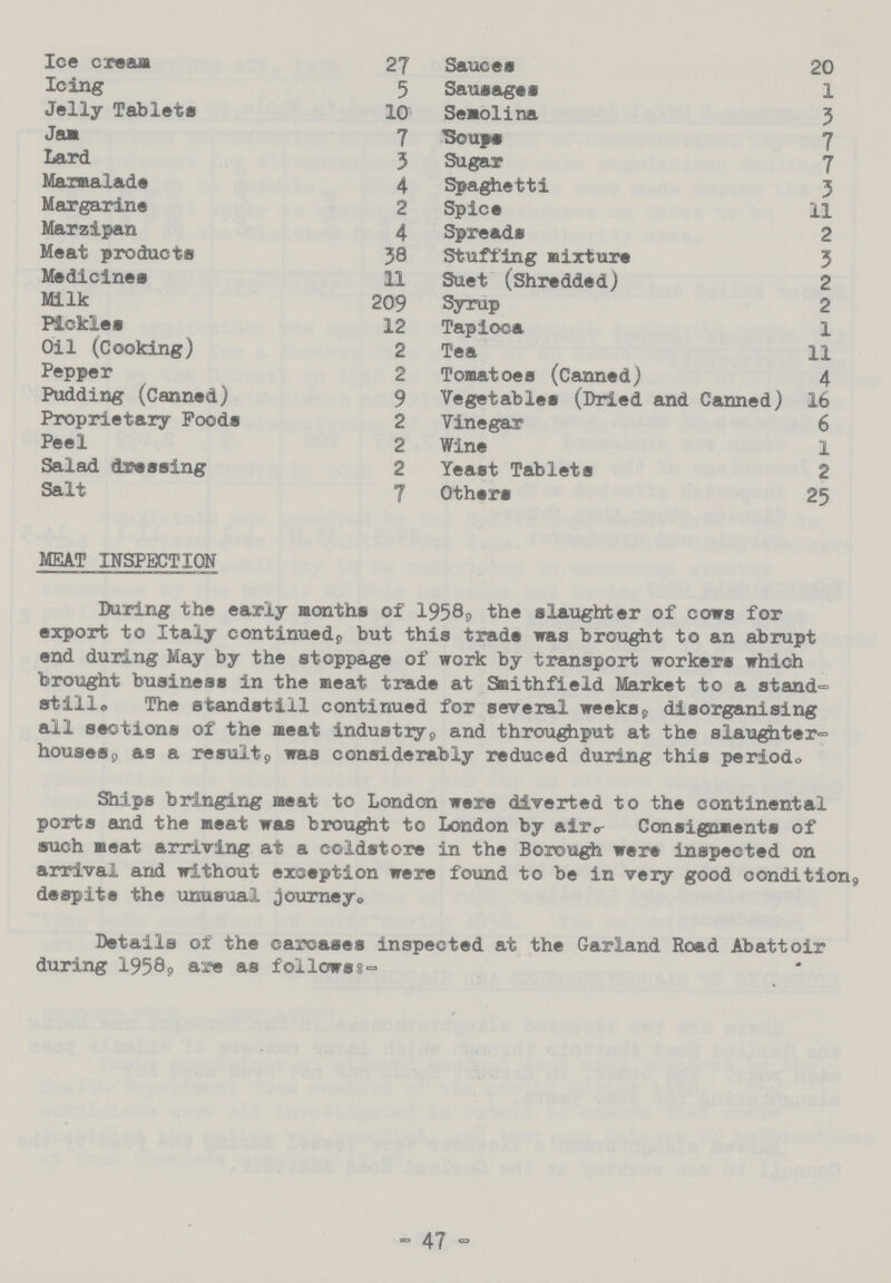 Ice cream 27 Sauces 20 Icing 5 Sausages 1 Jelly Tablets 10 Semolina 3 Jam 7 Soups 7 Lard 5 Sugar 7 Marmalade 4 Spaghetti 3 Margarine 2 Spice 11 Marzipan 4 Spreads 2 Meat products 58 Stuffing mixture 3 Medicines 11 Suet (Shredded) 2 Milk 209 Syrup 2 Pickles 12 Tapioca 1 Oil (Cooking) 2 Tea 11 Pepper 2 Tomatoes (Canned) 4 Pudding (Canned) 9 Vegetables (Dried and Canned) 16 Proprietary Foods 2 Vinegar 6 Peel 2 Wine 1 Salad dressing 2 Yeast Tablets 2 Salt 7 Others 25 MEAT INSPECTION During the early months of 1958, the slaughter of cows for export to Italy continued, but this trade was brought to an abrupt end during May by the stoppage of work by transport workers which brought business in the meat trade at Smithfield Market to a stand still. The standstill continued for several weeks, disorganising ail sections of the meat industry, and throughput at the slaughter houses a as a result, was considerably reduced during this period. Ships bringing meat to London were diverted to the continental ports and the meat was brought to London by air. Consignments of such meat arriving at a coldstore in the Borough were inspected on arrival and without exception were found to be in very good condition,, despite the unusual journey. Details of the carcases inspected at the Garland Road Abattoir during 1958, are as follow:- - 47 -