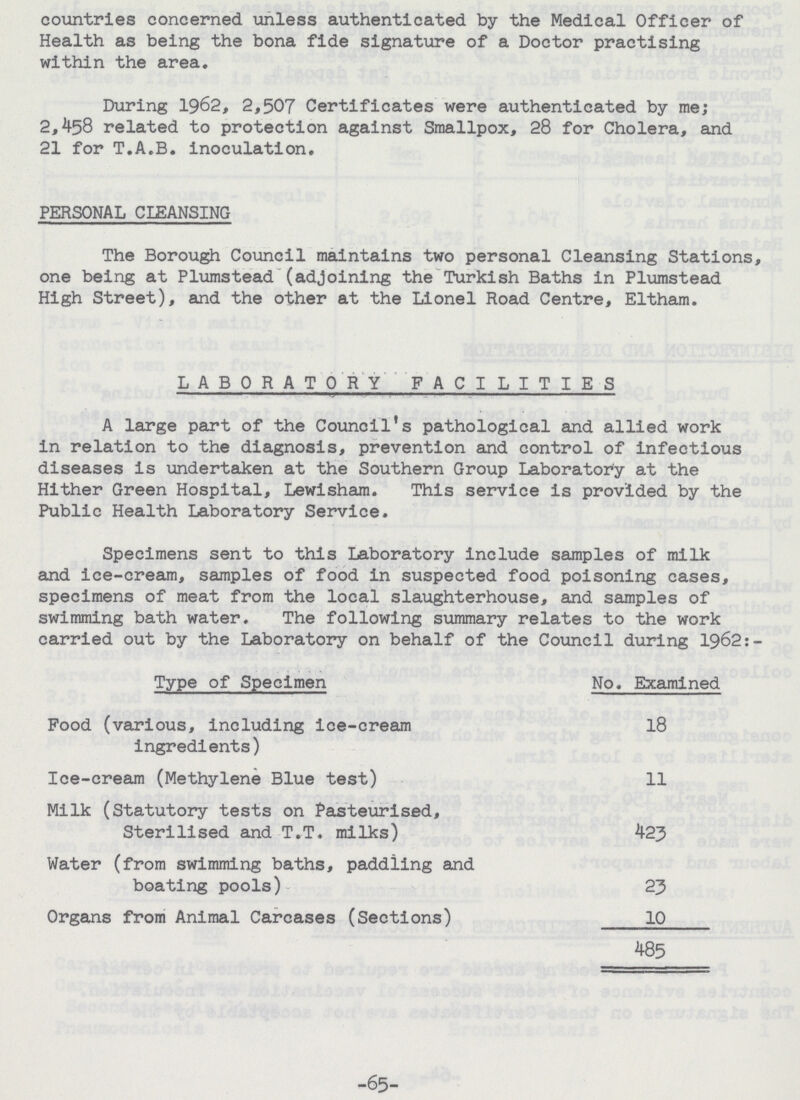 countries concerned unless authenticated by the Medical Officer of Health as being the bona fide signature of a Doctor practising within the area. During 1962, 2,507 Certificates were authenticated by me; 2,458 related to protection against Smallpox, 28 for Cholera, and 21 for T.A.B. inoculation. PERSONAL CLEANSING The Borough Council maintains two personal Cleansing Stations, one being at Plumstead (adjoining the Turkish Baths in Plumstead High Street), and the other at the Lionel Road Centre, Eltham. LABORATORY FACILITIES A large part of the Council's pathological and allied work in relation to the diagnosis, prevention and control of infectious diseases is undertaken at the Southern Group Laboratory at the Hither Green Hospital, Lewisham. This service is provided by the Public Health Laboratory Service. Specimens sent to this Laboratory include samples of milk and ice-cream, samples of food in suspected food poisoning cases, specimens of meat from the local slaughterhouse, and samples of swimming bath water. The following summary relates to the work carried out by the Laboratory on behalf of the Council during 1962:- Type of Specimen No. Examined Food (various, including ice-cream ingredients) 18 Ice-cream (Methylene Blue test) 11 Milk (Statutory tests on Pasteurised, Sterilised and T.T. milks) 423 Water (from swimming baths, paddling and boating pools) 23 Organs from Animal Carcases (Sections) 10 485 -65-