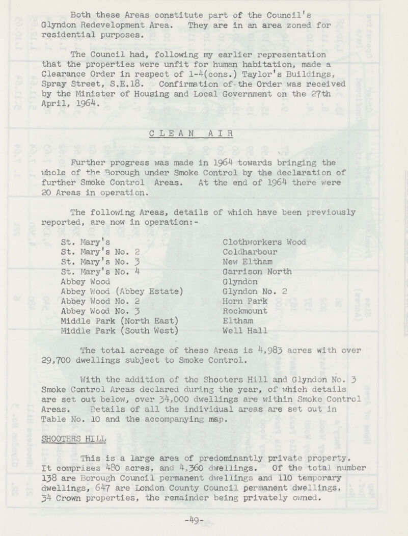 Both these Areas constitute part of the Council's Glyndon Redevelopment Area. They are in an area zoned for residential purposes. The Council had, following my earlier representation that the properties were unfit for human habitation, made a Clearance Order in respect of l-4(cons.) Taylor's Buildings, Spray Street, S.E.18. Confirmation of-the Order was received by the Minister of Housing and Local Government on the 27th April, 1964. CLEAN AIR Further progress was made in 1964 towards bringing the whole of the Borough under Smoke Control by the declaration of further Smoke Control Areas. At the end of 1964 there were 20 Areas in operation. The following Areas, details of which have been previously reported, are now in operation:- St. Mary's Clothworkers Wood St. Mary's No. 2 Coldharbour St. Mary's No. 3 New Eltham St. Mary's No. 4 Garrison North Abbey Wood Glyndon Abbey Wood (Abbey Estate) Glyndon No. 2 Abbey Wood No. 2 Horn Park Abbey Wood No. 3 Rockmount Middle Park (North East) Eltham Middle Park (South West) Well Hall The total acreage of these Areas is 4,983 acres with over 29j700 dwellings subject to Smoke Control. With the addition of the Shooters Hill and Glyndon No. 3 Smoke Control Areas declared during the year, of which details are set out below, over 34,000 dwellings are within Smoke Control Areas. Details of all the individual areas are set out In Table No. 10 and the accompanying map. SHOOTERS HILL This is a large area of predominantly private property. It comprises 480 acres, and 4,360 dwellings. Of the total number 138 are Borough Council permanent dwellings and 110 temporary dwellings, 647 are London County Council permanent dwellings, 34 Crown properties, the remainder being privately owned. -49-