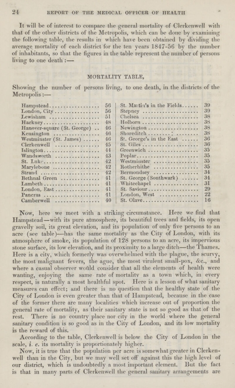 24 REPORT OF THE MEDICAL OFFICER OF HEALTH It will be of interest to compare the general mortality of Clerkenwell with that of the other districts of the Metropolis, which can be done by examining the following table, the results in which have been obtained by dividing the average mortality of each district for the ten years 1847-56 by the number of inhabitants, so that the figures in the table represent the number of persons living to one death:— MORTALITY TABLE, Showing the number of persons living, to one death, in the districts of the Metropolis:— Hampstead 56 St. Maitin's in the Fields 39 London, City 56 Stepney 39 Lewisham 51 Chelsea 38 Hackney 48 Holborn 38 Hanover-square (St. George) 46 Newington 38 Kensington 46 Shoreditch 38 Westminster (St. James) 40 St. George's in the East 30 Clerkenwell 45 St. Giles 36 Islington 44 Greenwich 35 Wandswprth 43 Poplar 35 St. Luke 42 Westmiuster 35 Marylebone 42 Rotherhithe 35 Strand 42 Bermondsey 34 Bethnal Green 41 St. George (Southwark) 34 Lambeth 41 Whitechapel 31 London, East 41 St. Saviour 29 Pancras 41 London, West 22 Camberwell 40 St. Olave 10 Now, here we meet with a striking circumstance. Here we find that Hampstead—with its pure atmosphere, its beautiful trees and fields, its open gravelly soil, its great elevation, and its population of only five persons to an acre (see table)—has the same mortality as the City of London, with its atmosphere of smoke, its population of 128 persons to an acre, its impervious stone surface, its low elevation, and its proximity to a large ditch—the Thames. Here is a city, which formerly was overwhelmed with the plague, the scurvy, the most malignant fevers, the ague, the most virulent small-pox, &c., and where a casual observer would consider that all the elements of health were wanting, enjoying the same rate of mortality as a town which, in every respect, is naturally a most healthful spot. Here is a lesson of what sanitary measures can effect; and there is no question that the healthy state of the City of London is even greater than that of Hampstead, because in the case of the former there are many localities which increase out of proportion the general rate of mortality, as their sanitary state is not so good as that of the rest. There is no country place nor city in the world where the general sanitary condition is so good as in the City of London, and its low mortality is the reward of this. According to the table, Clerkenwell is below the City of London in the scale, i. e. its mortality is proportionately higher. Now, it is true that the population per acre is somewhat greater in Clerken well than in the City, but we may well set off against this the high level of our district, which is undoubtedly a most important element. But the fact is that in many parts of Clerkenwell the general sanitary arrangements are