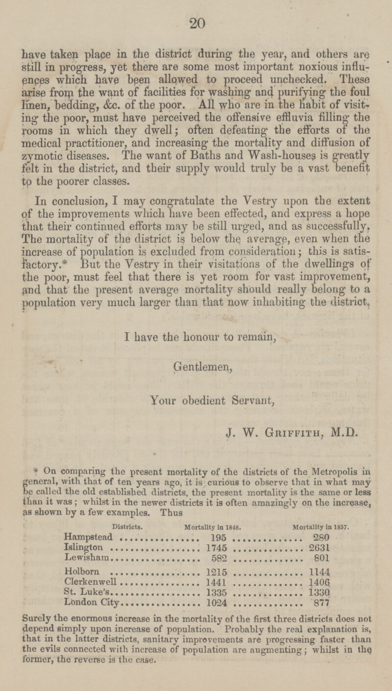 20 Lave taken place in the district during the year, and others are still in progress, yet there are some most important noxious influ ences which have been allowed to proceed unchecked. These arise from the want of facilities for washing and purifying the foul linen, bedding, &c. of the poor. All who are in the habit of visit ing the poor, must have perceived the offensive effluvia filling the rooms in which they dwell; often defeating the efforts of the medical practitioner, and increasing the mortality and diffusion of zymotic diseases. The want of Baths and Wash-houses is greatly felt in the district, and their supply would truly be a vast benefit to the poorer classes. In conclusion, I may congratulate the Vestry upon the extent of the improvements which have been effected, and express a hope that their continued efforts may be still urged, and as successfully. The mortality of the district is below the average, even when the increase of population is excluded from consideration; this is satis factory.* But the Vestry in their visitations of the dwellings of the poor, must feel that there is yet room for vast improvement, find that the present average mortality should really belong to a population very much larger than that now inhabiting the district, 1 have the honour to remain, Gentlemen, Your obedient Servant, J. W. Griffith, M.D. * On comparing the present mortality of the districts of the Metropolis in general, with that of ten years ago, it is curious to observe that in what may be called the old established districts, the present mortality is the same or less than it was; whilst in the newer districts it is often amazingly on the increase, as shown by a few examples. Thus Districts. Mortality in 1848. Mortality in 1857. Hampstead 195 280 Islington 1745 2631 Lewishara 582 801 Holborn 1215 1144 Clerkenwell 1441 1406 St. Luke's 1335 1330 London City 1024 877 Surely the enormous increase in the mortality of the first three districts does not depend simply upon increase of population. Probably the real explanation is, that in the latter districts, sanitary improvements are progressing faster than the evils connected with increase of population are augmenting; whilst in the former, the reverse is the case.