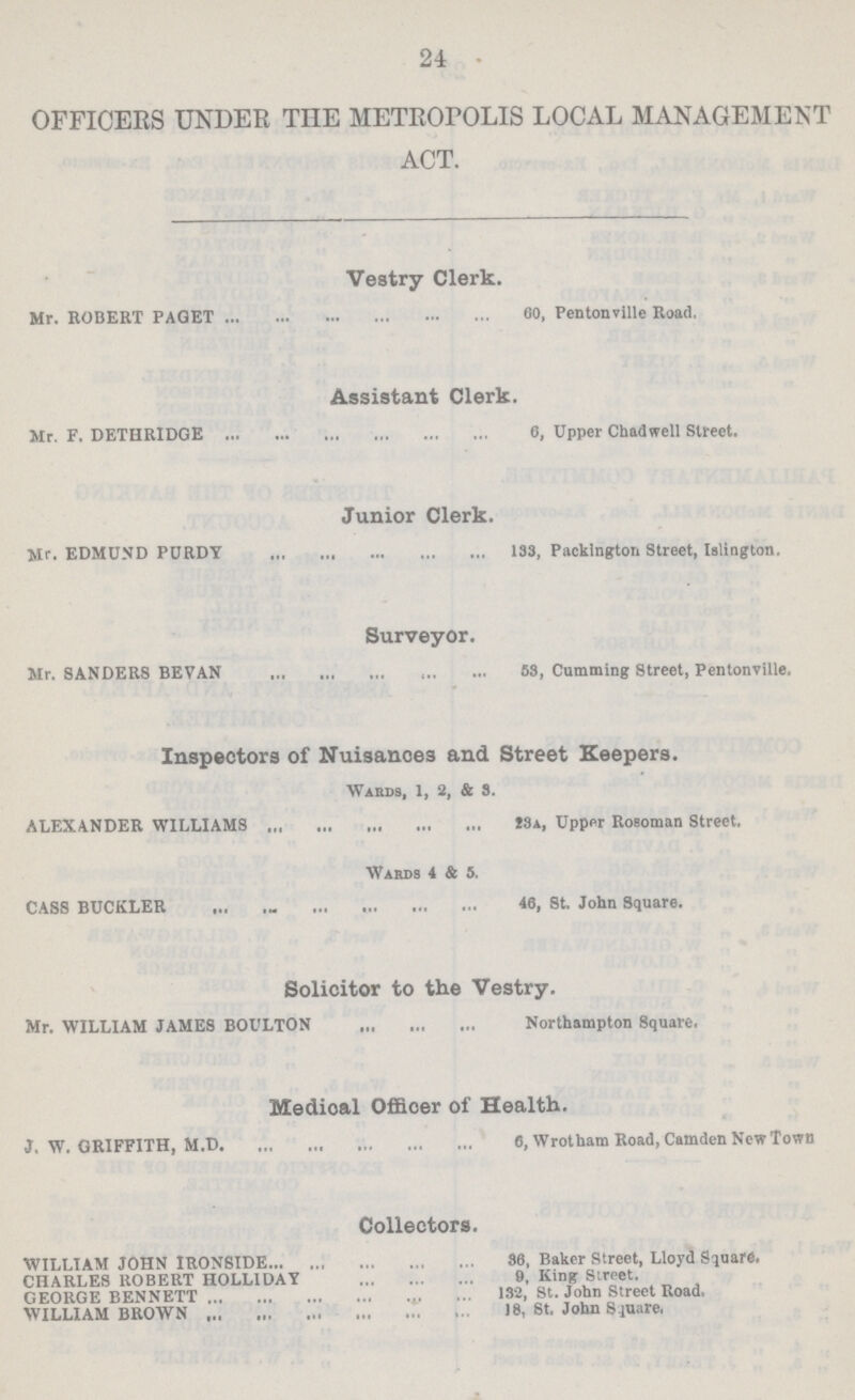 24 OFFICERS UNDER THE METROPOLIS LOCAL MANAGEMENT ACT. Vestry Clerk. Mr. ROBERT PAGET 80, Pentonville Road. Assistant Clerk. Mr. F. DETHRIDGE 6, Upper Chadwell Street. Junior Clerk. Mr. EDMUND PURDY 133, Packlngton Street, Islington. Surveyor. Mr. SANDERS BEVAN 53, Cumming Street, Pentonville. Inspectors of Nuisances and Street Keepers. Ward9, 1, 2, & 3. ALEXANDER WILLIAMS 13a, Upper Rosoman Street. Wards 4 & 5. CASS BUCKLER 46, St. John Square. Solioitor to the Vestry. Mr. WILLIAM JAMES BULTON Northampton Square. Medical Officer of Health. J. W. GRIFFITH, M.D 8, Wrotham Road, Camden New Town Collectors. WILLIAM JOHN IRONSIDE 88, Baker Street, Lloyd Square. CHARLES ROBERT HOLLIDAY 9, King Street. GEORGE BENNETT 132, St. John Street Road. WILLIAM BROWN 18, St. John Square.