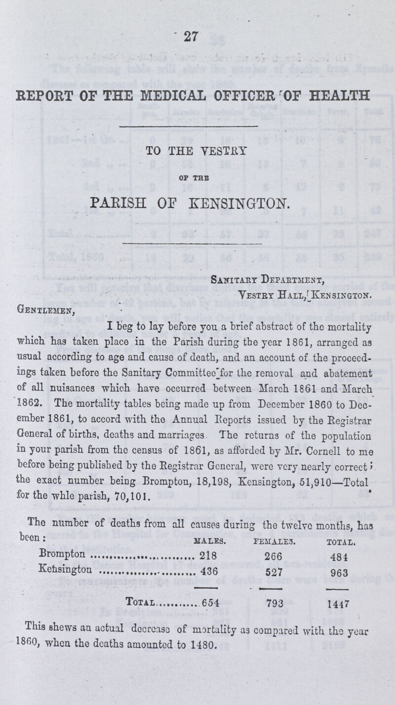 27 REPORT OF THE MEDICAL OFFICER OF HEALTH TO THE VESTRY of the PARISH OF KENSINGTON. Sanitary Department, Vestry Hall,[Kensington. Gentlemen, I teg to lay before you a brief abstract of the mortality which has taken place in the Parish during the year 1861, arranged as usual according to age and cause of death, and an account of the proceed ings taken before the Sanitary Commitee for the removal and abatement of all nuisances which hare occurred between March 1861 and March 1862. The mortality tables being made up from December 1860 to Dec ember 1861, to accord with the Annual Reports issued by the Registrar General of births, deaths and marriages The returns of the population in your parish from the census of 1861, as afforded by Mr. Cornell to me before being published by the Registrar General, were very nearly correct; the exact number being Brompton, 18,198, Kensington, 51,910—Total for the while parish, 70,101. The number of deaths from all causes during the twelve months, has been: males. females. total. Brompton 218 266 484 Kensington 436 527 963 Total 654 793 1447 This shews an actual decrease of mortality as compared with the year 1860, when the deaths amounted to 1480.