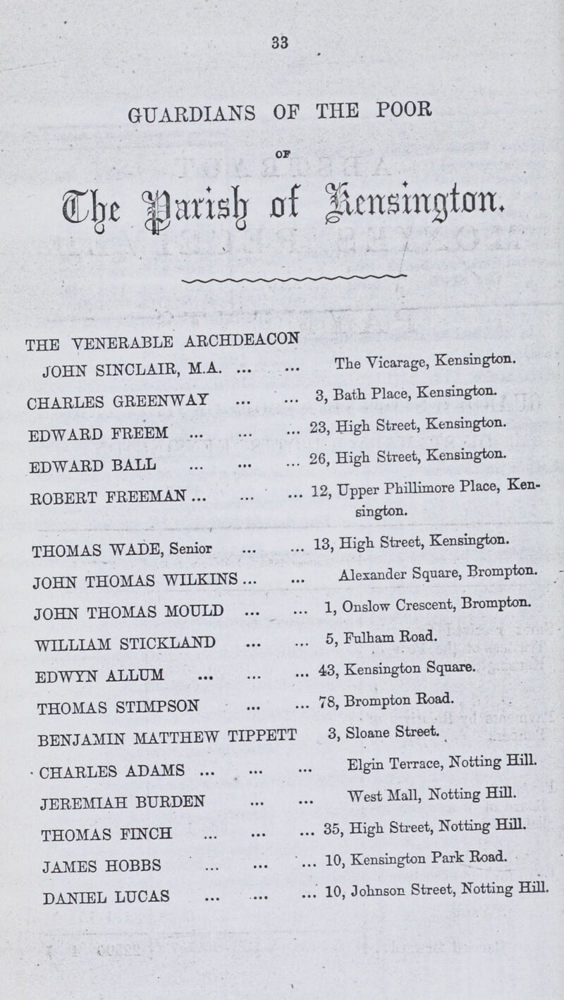 33 GUARDIANS OF THE POOR OF The Parish of Kensington. THE VENERABLE ARCHDEACON JOHN SINCLAIR, M.A The Vicarage, Kensington. CHARLES GREENWAY 3, Bath Place, Kensington. EDWARD FREEM 23, High Street, Kensington. EDWARD BALL 26, High Street, Kensington. ROBERT FREEMAN 12, Upper Phillimore Place, Ken sington. . THOMAS WADE, Senior 13, High Street, Kensington. JOHN THOMAS WILKINS Alexander Square, Brompton. JOHN THOMAS MOULD 1, Onslow Crescent, Brompton. WILLIAM STICKLAND 5, Fulham Road. EDWYN ALLUM 43, Kensington Square. THOMAS STIMPSON 78, Brompton Road. BENJAMIN MATTHEW TIPPETT 3, Sloane Street. • CHARLES ADAMS Elgin Terrace, Notting Hill. JEREMIAH BURDEN West Mall, Notting Hill. THOMAS FINCH 35, High Street, Notting Hill. JAMES HOBBS 10, Kensington Park Road. DANIEL LUCAS 10, Johnson Street, Notting Hill.