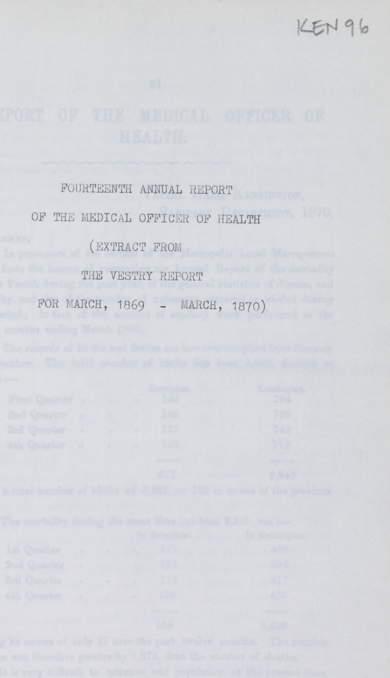 KEN 96 FOURTEENTH ANNUAL REPORT OF THE MEDICAL OFFICER OF HEALTH (EXTRACT FROM THE VESTRY REPORT FOR MARCH, 1869 - MARCH, 1870)