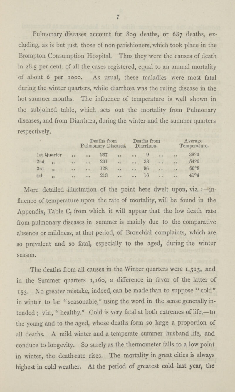 7 Pulmonary diseases account for 809 deaths, or 687 deaths, ex cluding, as is but just, those of non parishioners, which took place in the Brompton Consumption Hospital. Thus they were the causes of death in 28.5 per cent. of all the cases registered, equal to an annual mortality of about 6 per 1000. As usual, these maladies were most fatal during the winter quarters, while diarrhoea was the ruling disease in the hot summer months. The influence of temperature is well shown in the subjoined table, which sets out the mortality from Pulmonary diseases, and from Diarrhoea, during the winter and the summer quarters respectively. Deaths from Pulmonary Diseases. Deaths from Diarrhœa. Average Temperature. 1st Quarter 267 9 38°0 2nd „ 201 33 54°6 3rd „ 128 96 60°8 4th „ 213 16 41°4 More detailed illustration of the point here dwelt upon, viz. :—in fluence of temperature upon the rate of mortality, will be found in the Appendix, Table C, from which it will appear that the low death rate from pulmonary diseases in summer is mainly due to the comparative absence or mildness, at that period, of Bronchial complaints, which are so prevalent and so fatal, especially to the aged, during the winter season. The deaths from all causes in the Winter quarters were 1,313, and in the Summer quarters 1,160, a difference in favor of the latter of 153. No greater mistake, indeed, can be made than to suppose  cold in winter to be seasonable, using the word in the sense generally in tended ; viz., healthy. Cold is very fatal at both extremes of life,—to the young and to the aged, whose deaths form so large a proportion of all deaths. A mild winter and a temperate summer husband life, and conduce to longevity. So surely as the thermometer falls to a low point in winter, the death-rate rises. The mortality in great cities is always highest in cold weather. At the period of greatest cold last year, the