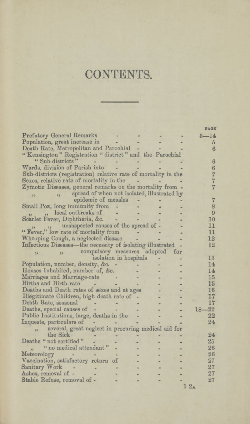 CONTENTS. page Prefatory General Remarks 5—14 Population, great increase in 5 Death Rate, Metropolitan and Parochial 6 Kensington Registration district and the Parochial Sub-districts 6 Wards, division of Parish into 6 Sub-districts (registration) relative rate of mortality in the 7 Sexes, relative rate of mortality in the 7 Zymotic Diseases, general remarks on the mortality from 7 spread of when not isolated, illustrated by epidemic of measles 7 Small Pox, long immunity from 8 local outbreaks of 9 Scarlet Fever, Diphtheria, &c. 10 unsuspected causes of the spread of 11 Fever, low rate of mortality from 11 Whooping Cough, a neglected disease 12 Infectious Diseases—the necessity of isolating illustrated 12 compulsory measures adopted for isolation in hospitals 13 Population, number, density, &c. 14 Houses Inhabited, number of, &c. 14 Marriages and Marriage-rate 15 Births and Birth-rate 15 Deaths and Death rates of sexes and at ages 16 Illegitimate Children, high death rate of 17 Death Rate, seasonal 17 Deaths, special causes of 8—22 Public Institutions, large, deaths in the 22 Inquests, particulars of 24 several, great neglect in procuring medical aid for the Sick 24 Deaths not certified . 25 „  no medical attendant 26 Meteorology 26 Vaccination, satisfactory return of 27 Sanitary Work 27 Ashes, removal of 27 Stable Refuse, removal of 27 1 2a