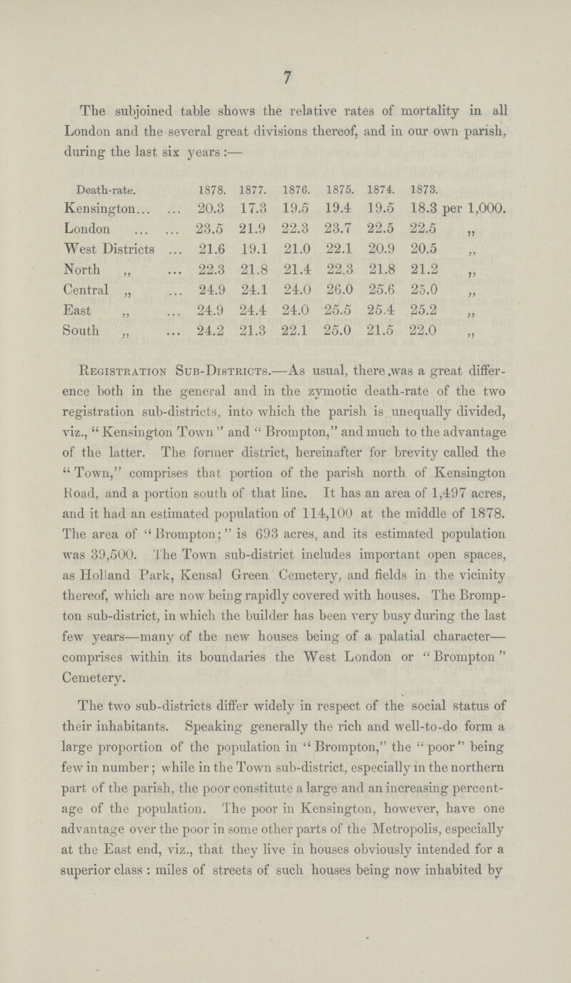 7 The subjoined table shows the relative rates of mortality in all London and the several great divisions thereof, and in our own parish, during the last six years :— Death-rate. 1878. 1877. 1876. 1875. 1874. 1873. Kensington 20.3 17.3 19.5 19.4 19.5 18.3 per 1,000. London 23.5 21.9 22.3 23.7 22.5 22.5 „ West Districts 21.6 19.1 21.0 22.1 20.9 20.5 „ North „ 22.3 21.8 21.4 22.3 21.8 21.2 „ Central „ 24.9 24.1 24.0 26.0 25.6 25.0 „ East „ 24.9 24.4 24.0 25.5 25.4 25.2 „ South „ 24.2 21.3 22.1 25.0 21.5 22.0 „ Registration Sub-Districts.—As usual, there was a great differ ence both in the general and in the zymotic death-rate of the two registration sub-districts, into which the parish is unequally divided, viz., Kensington Town and Brompton, and much to the advantage of the latter. The former district, hereinafter for brevity called the Town, comprises that portion of the parish north of Kensington Road, and a portion south of that line. It has an area of 1,497 acres, and it had an estimated population of 114,100 at the middle of 1878. The area of Brompton; is 693 acres, and its estimated population was 39,500. The Town sub-district includes important open spaces, as Holland Bark, Kensal Green Cemetery, and fields in the vicinity thereof, which are now being rapidly covered with houses. The Bromp ton sub-district, in which the builder has been very busy during the last few years—many of the new houses being of a palatial character— comprises within its boundaries the West London or Brompton Cemetery. The two sub-districts differ widely in respect of the social status of their inhabitants. Speaking generally the rich and well-to-do form a large proportion of the population in Brompton, the poor being few in number; while in the Town sub-district, especially in the northern part of the parish, the poor constitute a large and an increasing percent age of the population. The poor in Kensington, however, have one advantage over the poor in some other parts of the Metropolis, especially at the East end, viz., that they live in houses obviously intended for a superior class: miles of streets of such houses being now inhabited by