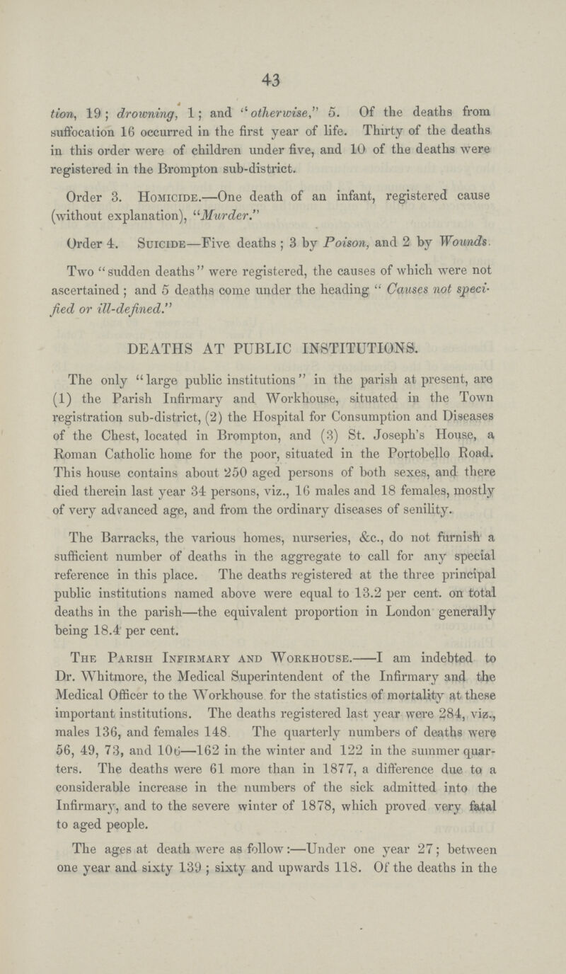 43 tion, 19; drowning, 1; and otherwise, 5. Of the deaths from suffocation 16 occurred in the first year of life. Thirty of the deaths in this order were of children under five, and 10 of the deaths were registered in the Brompton sub-district. Order 3. Homicide.—One death of an infant, registered cause (without explanation), Murder. Order 4. Suicide—Five deaths; 3 by Poison, and 2 by Wounds. Two sudden deaths were registered, the causes of which were not ascertained; and 5 deaths come under the heading  Causes not speci fied or ill-defined. DEATHS AT PUBLIC INSTITUTIONS. The only large public institutions in the parish at present, are (1) the Parish Infirmary and Workhouse, situated in the Town registration sub-district, (2) the Hospital for Consumption and Diseases of the Chest, located in Brompton, and (3) St. Joseph's House, a Roman Catholic home for the poor, situated in the Portobello Road. This house contains about 250 aged persons of both sexes, and there died therein last year 34 persons, viz., 16 males and 18 females, mostly of very advanced age, and from the ordinary diseases of senility. The Barracks, the various homes, nurseries, &c., do not furnish a sufficient number of deaths in the aggregate to call for any special reference in this place. The deaths registered at the three principal public institutions named above were equal to 13.2 per cent. on total deaths in the parish—the equivalent proportion in London generally being 18.4' per cent. The Parish Infirmary and Workhouse. I am indebted to Dr. Whitmore, the Medical Superintendent of the Infirmary and the Medical Officer to the Workhouse for the statistics of mortality at these important institutions. The deaths registered last year were 284, viz., males 136, and females 148. The quarterly numbers of deaths were 56, 49, 73, and 106—162 in the winter and 122 in the summer quar ters. The deaths were 61 more than in 1877, a difference due to a considerable increase in the numbers of the sick admitted into the Infirmary, and to the severe winter of 1878, which proved very fatal to aged people. The ages at death were as follow:—Under one year 27; between one year and sixty 139; sixty and upwards 118. Of the deaths in the