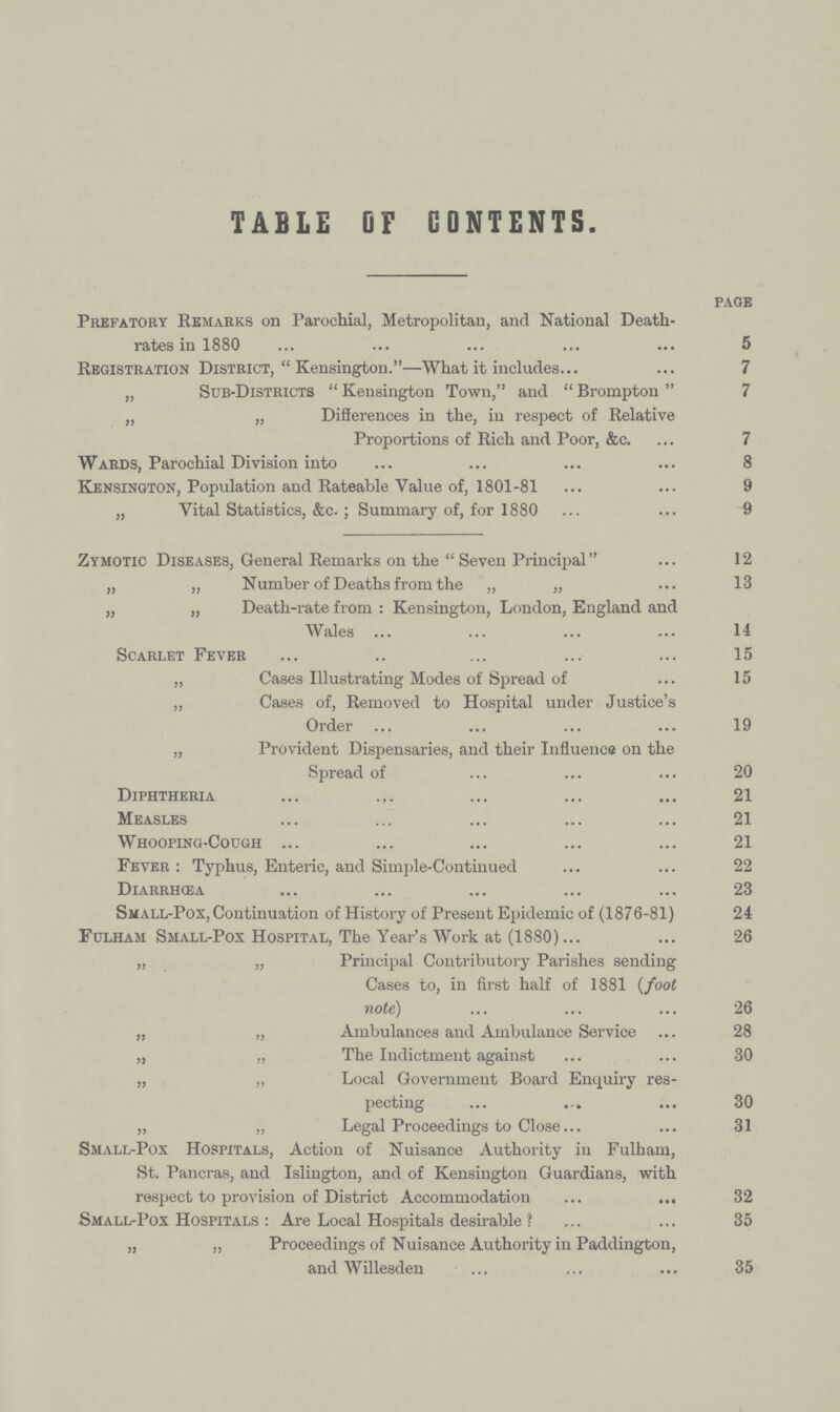 TABLE OF CONTENTS. pace Prefatory Remarks on Parochial, Metropolitan, and National Death- rates in 1880 5 Registration District,  Kensington.—What it includes. 7 „ Sub-Districts  Kensington Town, and  Brompton  7 „ „ Differences in the, in respect of Relative Proportions of Rich and Poor, &c. 7 Wards, Parochial Division into 8 Kensington, Population and Rateable Value of, 1801-81 9 „ Vital Statistics, &c.; Summary of, for 1880 9 Zymotic Diseases, General Remarks on the  Seven Principal 12 „ „ Number of Deaths from the „ „ 13 „ „ Death-rate from : Kensington, London, England and Wales . 14 Scarlet Fever 15 „ Cases Illustrating Modes of Spread of 15 „ Cases of, Removed to Hospital under Justice's Order 19 „ Provident Dispensaries, and their Influencs on the Spread of 20 Diphtheria . 21 Measles 21 Whooping-Cough 21 Fever: Typhus, Enteric, and Simple-Continued 22 Diarrhcea 23 Small-Pox, Continuation of History of Present Epidemic of (1876-81) 24 Fclham Small-Pox Hospital, The Year's Work at (1880) 26 „ „ Principal Contributory Parishes sending Cases to, in first half of 1881 (foot note) 26 „ „ Ambulances and Ambulance Service 28 „ „ The Indictment against 30 „ ,, Local Government Board Enquiry res pecting 30 „ „ Legal Proceedings to Close 31 Small-Pox Hospitals, Action of Nuisance Authority in Fulham, St. Pancras, and Islington, and of Kensington Guardians, with respect to provision of District Accommodation 32 Small-Pox Hospitals : Are Local Hospitals desirable ? 35 „ „ Proceedings of Nuisance Authority in Paddington, and Willesden 35