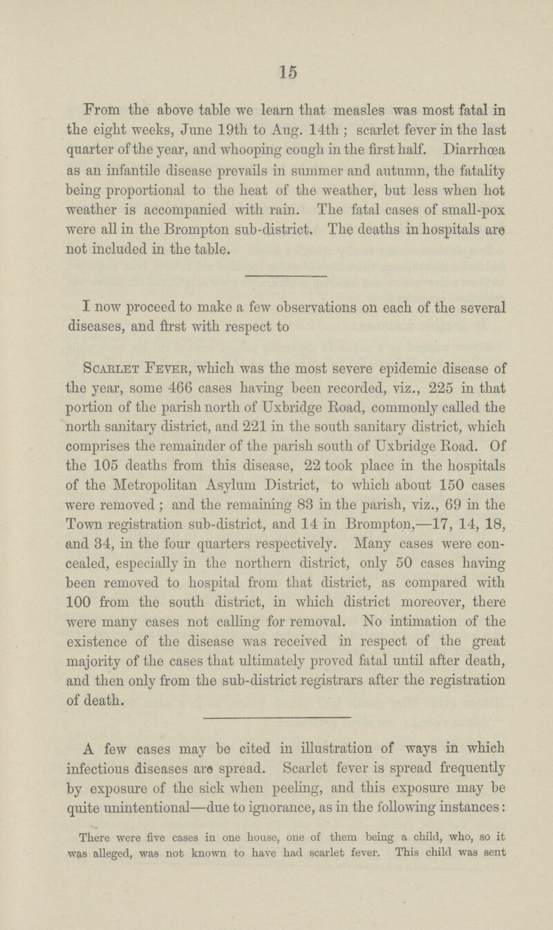 15 From the above table we learn that measles was most fatal in the eight weeks, June 19th to Aug. 14th; scarlet fever in the last quarter of the year, and whooping cough in the first half. Diarrhœa as an infantile disease prevails in summer and autumn, the fatality being proportional to the heat of the weather, but less when hot weather is accompanied with rain. The fatal cases of small-pox were all in the Brompton sub-district. The deaths in hospitals are not included in the table. I now proceed to make a few observations on each of the several diseases, and first with respect to Scarlet Fever, which was the most severe epidemic disease of the year, some 466 cases having been recorded, viz., 225 in that portion of the parish north of Uxbridge Road, commonly called the north sanitary district, and 221 in the south sanitary district, which comprises the remainder of the parish south of Uxbridge Eoad. Of the 105 deaths from this disease, 22 took place in the hospitals of the Metropolitan Asylum District, to which about 150 cases were removed; and the remaining 83 in the parish, viz., 69 in the Town registration sub-district, and 14 in Brompton,—17, 14, 18, and 34, in the four quarters respectively. Many cases were con cealed, especially in the northern district, only 50 cases having been removed to hospital from that district, as compared with 100 from the south district, in which district moreover, there were many cases not calling for removal. No intimation of the existence of the disease was received in respect of the great majority of the cases that ultimately proved fatal until after death, and then only from the sub-district registrars after the registration of death. A few cases may be cited in illustration of ways in which infectious diseases are spread. Scarlet fever is spread frequently by exposure of the sick when peeling, and this exposure may be quite unintentional—due to ignorance, as in the following instances: There were five cases in one house, one of them being a child, who, so it was alleged, was not known to have had scarlet fever. This child was sent