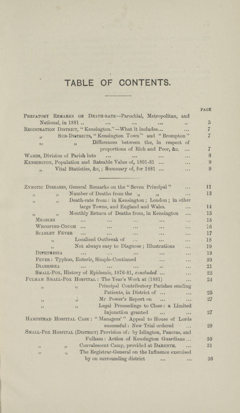 TABLE OF CONTENTS. page Prefatory Remarks on Death-rate—Parochial, Metropolitan, and National, in 1881 5 Registration District,  Kensington.—What it includes 7 „ Sub-Districts,  Kensington Town and  Brompton  7 „ „ Differences between the, in respect of proportions of Rich and Poor, &c. 7 Wards, Division of Parish into 8 Kensington, Population and Rateable Value of, 1801-81 9 „ Vital Statistics, &c,; Summary of, for 1881 9 .Zymotic Diseases, General Remarks on the Seven Principal 11 „ „ Number of Deaths from the „ „ 13 „ „ Death-rate from: in Kensington; London; in other large Towns, and England and Wales. 14 „ „ Monthly Return of Deaths from, in Kensington 15 Measles 15 Whooping-Cough 16 Scarlet Fever 17 „ Localised Outbreak of 18 „ Not always easy to Diagnose; Illustrations 19 Diphtheria 19 Fever: Typhus, Enteric, Simple-Continued 20 Diarrhœa 21 Small-Pox, History of Epidemic, 1876-81, concluded 22 Fulham Small-Pox Hospital: The Year's Work at (1881) 24 „ „ Principal Contributory Parishes sending Patients, in District of 25 „ „ Mr Power's Report on 27 „ „ Legal Proceedings to Close: a Limited Injunction granted 27 Hampstead Hospital Case:  Managers'  Appeal to House of Lords successful: New Trial ordered 29 Small-Pox Hospital (District) Provision of: by Islington, Pancras, and Fulham: Action of Kensington Guardians 30 „ „ Convalescent Camp, provided at Darenth. 31 „ ., The Registrar-General on the Influence exercised by on surrounding district 36