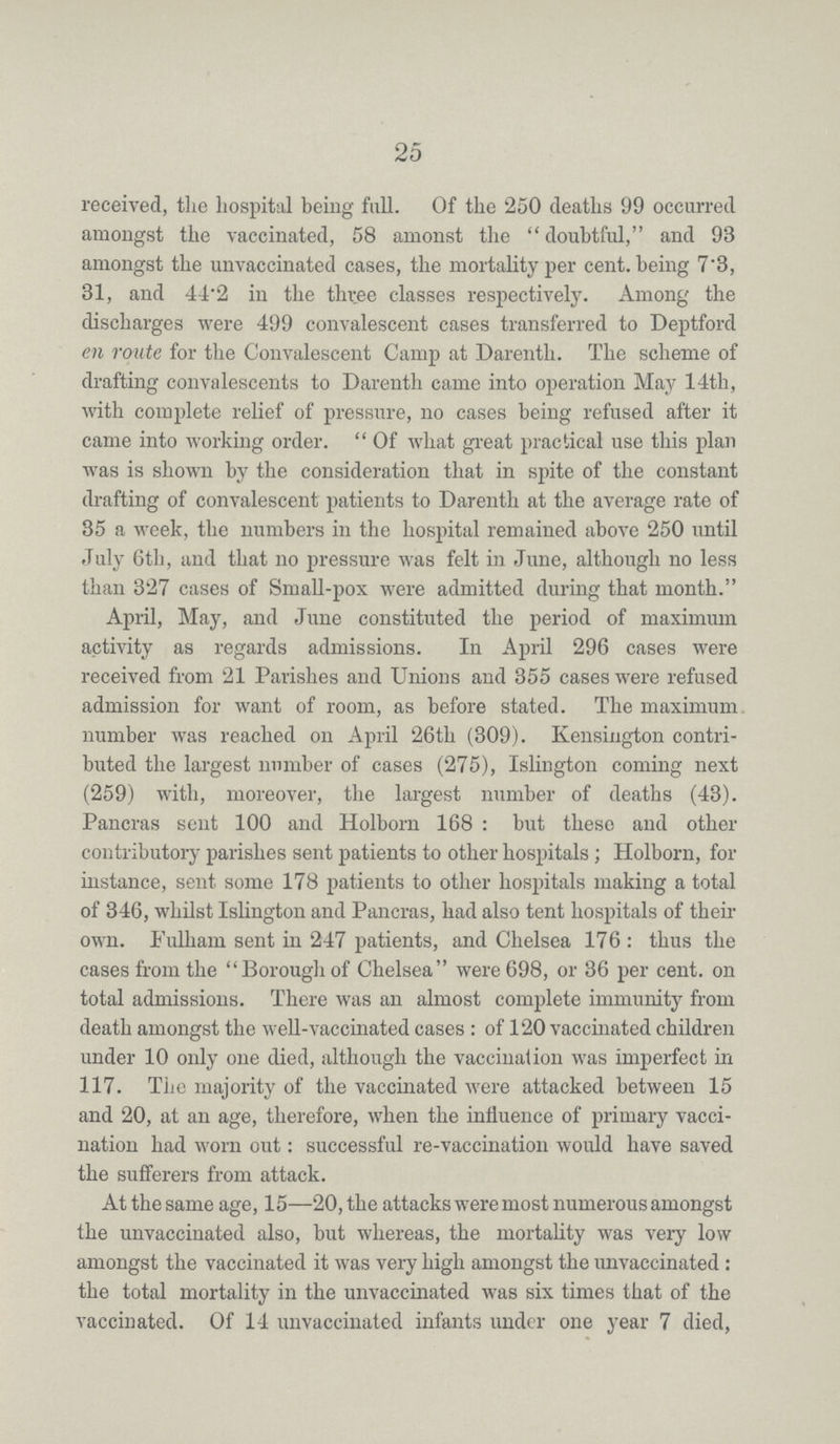 25 received, the hospital being full. Of the 250 deaths 99 occurred amongst the vaccinated, 58 amonst the doubtful, and 93 amongst the unvaccinated cases, the mortality per cent. being 7.3, 31, and 44.2 in the three classes respectively. Among the discharges were 499 convalescent cases transferred to Deptford en route for the Convalescent Camp at Darenth. The scheme of drafting convalescents to Darenth came into operation May 14th, with complete relief of pressure, no cases being refused after it came into working order. Of what great practical use this plan was is shown by the consideration that in spite of the constant drafting of convalescent patients to Darenth at the average rate of 35 a week, the numbers in the hospital remained above 250 until July 6th, and that no pressure was felt in June, although no less than 327 cases of Small-pox were admitted during that month. April, May, and June constituted the period of maximum activity as regards admissions. In April 296 cases were received from 21 Parishes and Unions and 355 cases were refused admission for want of room, as before stated. The maximum number was reached on April 26th (309). Kensington contri buted the largest number of cases (275), Islington coming next (259) with, moreover, the largest number of deaths (43). Pancras sent 100 and Holborn 168: but these and other contributory parishes sent patients to other hospitals; Holborn, for instance, sent some 178 patients to other hospitals making a total of 346, whilst Islington and Pancras, had also tent hospitals of their own. Fulham sent in 247 patients, and Chelsea 176: thus the cases from the Borough of Chelsea were 698, or 36 per cent. on total admissions. There was an almost complete immunity from death amongst the well-vaccinated cases: of 120 vaccinated children under 10 only one died, although the vaccination was imperfect in 117. The majority of the vaccinated were attacked between 15 and 20, at an age, therefore, when the influence of primary vacci nation had worn out: successful re-vaccination would have saved the sufferers from attack. At the same age, 15—20, the attacks were most numerous amongst the unvaccinated also, but whereas, the mortality was very low amongst the vaccinated it was very high amongst the unvaccinated: the total mortality in the unvaccinated was six times that of the vaccinated. Of 14 unvaccinated infants under one year 7 died,