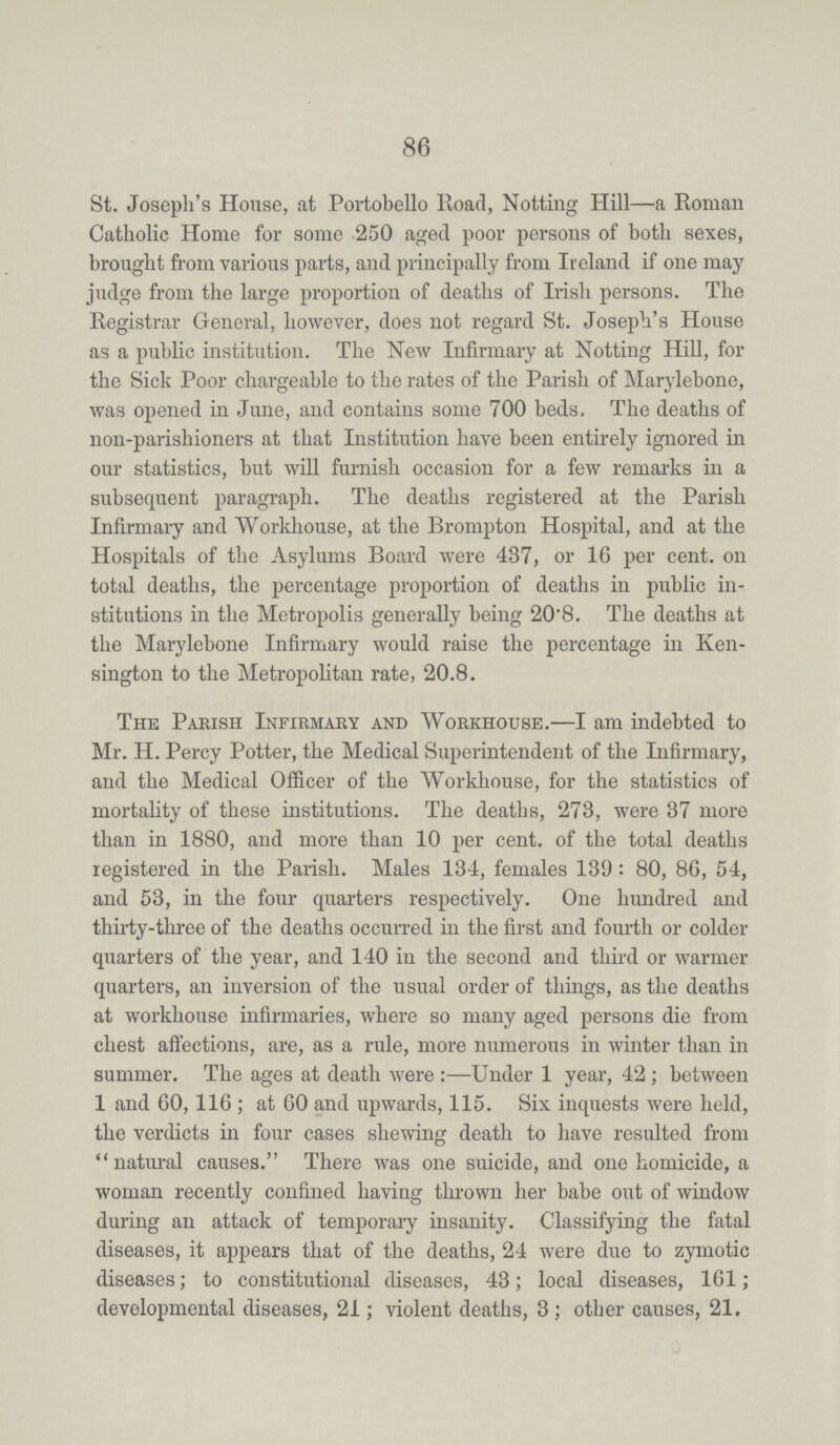86 St. Joseph's House, at Portobello Road, Notting Hill—a Roman Catholic Home for some 250 aged poor persons of both sexes, brought from various parts, and principally from Ireland if one may judge from the large proportion of deaths of Irish persons. The Registrar General, however, does not regard St. Joseph's House as a public institution. The New Infirmary at Notting Hill, for the Sick Poor chargeable to the rates of the Parish of Marylebone, was opened in June, and contains some 700 beds. The deaths of non-parishioners at that Institution have been entirely ignored in our statistics, but will furnish occasion for a few remarks in a subsequent paragraph. The deaths registered at the Parish Infirmary and Workhouse, at the Brompton Hospital, and at the Hospitals of the Asylums Board were 437, or 16 per cent. on total deaths, the percentage proportion of deaths in public in stitutions in the Metropolis generally being 20.8. The deaths at the Marylebone Infirmary would raise the percentage in Ken sington to the Metropolitan rate, 20.8. The Parish Infirmary and Workhouse.—I am indebted to Mr. H. Percy Potter, the Medical Superintendent of the Infirmary, and the Medical Officer of the Workhouse, for the statistics of mortality of these institutions. The deaths, 273, were 37 more than in 1880, and more than 10 per cent. of the total deaths registered in the Parish. Males 134, females 139: 80, 86, 54, and 53, in the four quarters respectively. One hundred and thirty-three of the deaths occurred in the first and fourth or colder quarters of the year, and 140 in the second and third or warmer quarters, an inversion of the usual order of things, as the deaths at workhouse infirmaries, where so many aged persons die from chest affections, are, as a rule, more numerous in winter than in summer. The ages at death were:—Under 1 year, 42; between 1 and 60, 116 ; at 60 and upwards, 115. Six inquests were held, the verdicts in four cases shewing death to have resulted from natural causes. There was one suicide, and one homicide, a woman recently confined having thrown her babe out of window during an attack of temporary insanity. Classifying the fatal diseases, it appears that of the deaths, 24 were due to zymotic diseases; to constitutional diseases, 43; local diseases, 161; developmental diseases, 21; violent deaths, 3; other causes, 21.