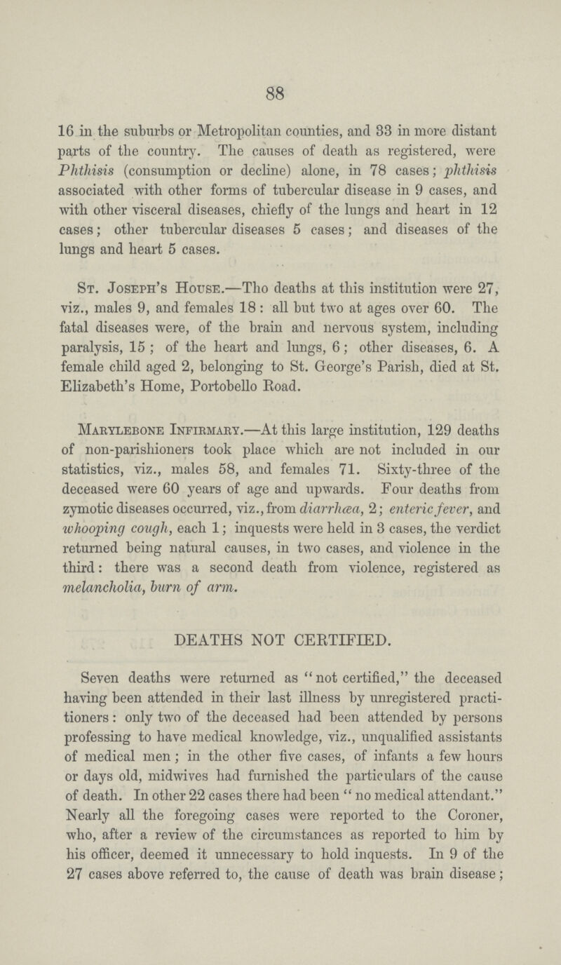88 16 in the suburbs or Metropolitan counties, and 33 in more distant parts of the country. The causes of death as registered, were Phthisis (consumption or decline) alone, in 78 cases; phthisis associated with other forms of tubercular disease in 9 cases, and with other visceral diseases, chiefly of the lungs and heart in 12 cases; other tubercular diseases 5 cases; and diseases of the lungs and heart 5 cases. St. Joseph's House.—The deaths at this institution were 27, viz., males 9, and females 18: all but two at ages over 60. The fatal diseases were, of the brain and nervous system, including paralysis, 15 ; of the heart and lungs, 6; other diseases, 6. A female child aged 2, belonging to St. George's Parish, died at St. Elizabeth's Home, Portobello Road. Marylebone Infirmary.—At this large institution, 129 deaths of non-parishioners took place which are not included in our statistics, viz., males 58, and females 71. Sixty-three of the deceased were 60 years of age and upwards. Four deaths from zymotic diseases occurred, viz., from diarrhea, 2; enteric fever, and whooping cough, each 1; inquests were held in 3 cases, the verdict returned being natural causes, in two cases, and violence in the third: there was a second death from violence, registered as melancholia, bum of arm. DEATHS NOT CERTIFIED. Seven deaths were returned as not certified, the deceased having been attended in their last illness by unregistered practi tioners : only two of the deceased had been attended by persons professing to have medical knowledge, viz., unqualified assistants of medical men; in the other five cases, of infants a few hours or days old, midwives had furnished the particulars of the cause of death. In other 22 cases there had been no medical attendant. Nearly all the foregoing cases were reported to the Coroner, who, after a review of the circumstances as reported to him by his officer, deemed it unnecessary to hold inquests. In 9 of the 27 cases above referred to, the cause of death was brain disease;