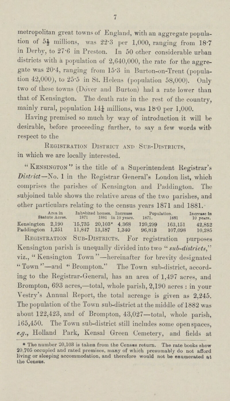 7 metropolitan great towns of England, with an aggregate popula tion of 5½ millions, was 22.3 per 1,000, ranging from 18.7 in Derby, to 27.6 in Preston. In 50 other considerable urban districts with a population of 2,640,000, the rate for the aggre gate was 20.4, ranging from 15.3 in Burton-on-Trent (popula tion 42,000), to 25.5 in St. Helens (population 58,000). Only two of these towns (Dover and Burton) had a rate lower than that of Kensington. The death rate in the rest of the country, mainly rural, population 14¼ millions, was 18.0 per 1,000. Having premised so much by way of introduction it will be desirable, before proceeding further, to say a few words with respect to the Registration District and Sub-Districts, in which we are locally interested. Kensington is the title of a Superintendent Registrar's District—No. 1 in the Registrar General's London list, which comprises the parishes of Kensington and Paddington. The subjoined table shows the relative areas of the two parishes, and other particulars relating to the census years 1871 and 1881. Area in Staute Acres. Inhabited houses. Increase in 10 years. Population. Increase in 10 years. 1871 1881 1871. 1881 Kensington 2,190 15,735 20,103* 4,368 120,299 163,151 42,852 Paddington 1,251 11,847 13,187 1,340 96,813 107,098 10,285 Registration Sub-Districts. For registration purposes Kensington parish is unequally divided into two sub-districts, viz., Kensington Town—hereinafter for brevity designated Town—and Brompton. The Town sub-district, accord ing to the Registrar-General, has an area of 1,497 acres, and Brompton, 693 acres,—total, whole parish, 2,190 acres: in your Vestry's Annual Report, the total acreage is given as 2,245. The population of the Town sub-district at the middle of 1882 was about 122,423, and of Brompton. 43,027—total, whole parish, 165,450. The Town sub-district still includes some open spaces, e.g., Holland Park, Kensal Green Cemetery, and fields at * The number 20,103 is taken from the Census return. The rate books show 20,705 occupied and rated premises, many of which presumably do not afford living or sleeping accommodation, and therefore would not be enumerated at the Census,