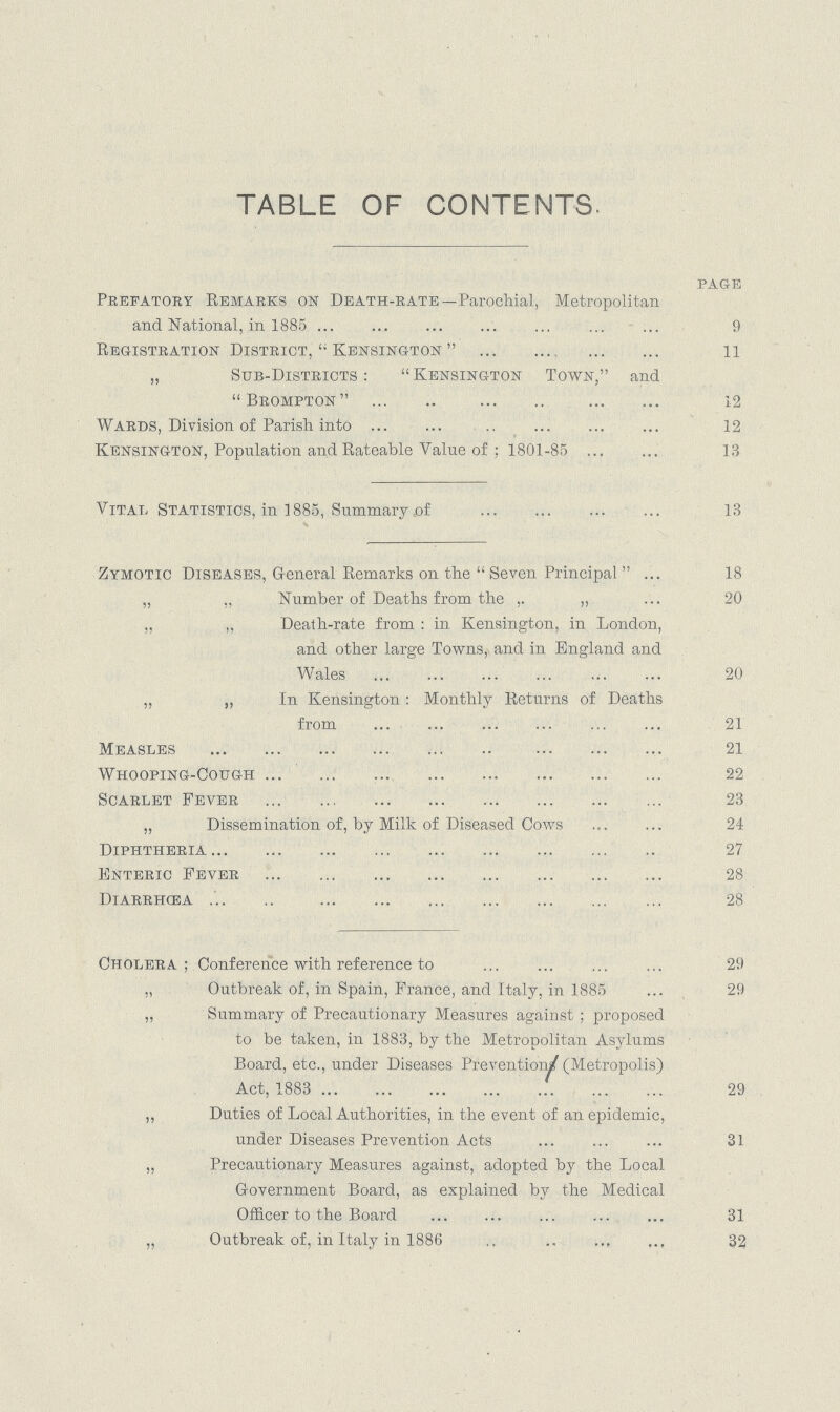 TABLE OF CONTENTS. page Prefatory Remarks on Death.bate—Parochial, Metropolitan and National, in 1885 9 Registration District, Kensington 11 „ Sub.Districts: Kensington Town, and brompton 12 Wards, Division of Parish into 12 Kensington, Population and Rateable Value of: 1801.85 13 Vital Statistics, in 1885, Summary of 13 Zymotic Diseases, General Remarks on the Seven Principal 18 „ ,, Number of Deaths from the ,, ,, 20 „ „ Death.rate from : in Kensington, in London, and other large Towns, and in England and Wales 20 „ „ In Kensington: Monthly Returns of Deaths from 21 Measles 21 Whooping.Cough 22 Scarlet Fever 23 „ Dissemination of, by Milk of Diseased Cows 24 Diphtheria 27 Enteric Fever 28 Diarrhœa 28 Cholera; Conference with reference to 29 ,, Outbreak of, in Spain, France, and Italy, in 1885 29 „ Summary of Precautionary Measures against ; proposed to be taken, in 1883, by the Metropolitan Asylums Board, etc., under Diseases Prevention (Metropolis) Act, 1883 29 ,, Duties of Local Authorities, in the event of an epidemic, under Diseases Prevention Acts 31 „ Precautionary Measures against, adopted by the Local Government Board, as explained by the Medical Officer to the Board 31 „ Outbreak of, in Italy in 1886 32