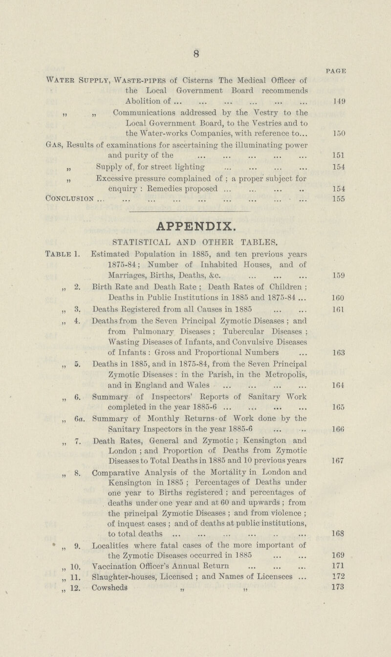 8 PAGE Watek Supply, Waste.pipes of Cisterns The Medical Officer of the Local Government Board recommends Abolition of 149 ,, „ Communications addressed by the Vestry to the Local Government Board, to the Vestries and to the Water.works Companies, with reference to... 150 Gas, Results of examinations for ascertaining the illuminating power and purity of the 151 „ Supply of, for street lighting 154 „ Excessive pressure complained of: a proper subject for enquiry: Remedies proposed 154 Conclusion 155 APPENDIX. STATISTICAL AND OTHER TABLES. Table 1. Estimated Population in 1885, and ten previous years 1875.84; Number of Inhabited Houses, and of Marriages, Births, Deaths, &c. 159 „ 2. Birth Rate aud Death Rate ; Death Rates of Children; Deaths in Public Institutions in 1885 and 1875.84 160 ,, 3, Deaths Registered from all Causes in 1885 161 ,, 4. Deaths from the Seven Principal Zymotic Diseases ; and from Pulmonary Diseases; Tubercular Diseases; Wasting Diseases of Infants, and Convulsive Diseases of Infants: Gross and Proportional Numbers 163 „ 5. Deaths in 1885, and in 1875.84, from the Seven Principal Zymotic Diseases: in the Parish, in the Metropolis, and in England and Wales 164 „ 6. Summary of Inspectors' Reports of Sanitary Work completed in the year 1885.6 165 „ 6a. Summary of Monthly Returns of Work done by the Sanitary Inspectors in the year 1885.6 166 „ 7. Death Rates, General and Zymotic; Kensington and London; and Proportion of Deaths from Zymotic Diseases to Total Deaths in 1885 and 10 previous years 167 „ 8. Comparative Analysis of the Mortality in London and Kensington in 1885; Percentages of Deaths under one year to Births registered; and percentages of deaths under one year and at 60 and upwards; from the principal Zymotic Diseases; and from violence; of inquest cases ; and of deaths at public institutions, to total deaths 168 * „ 9. Localities where fatal cases of the more important of the Zymotic Diseases occurred in 1885 169 „ 10. Vaccination Officer's Annual Return 171 „ 11. Slaughter.houses, Licensed; and Names of Licensees 172 „ 12. Cowsheds „ „ 173