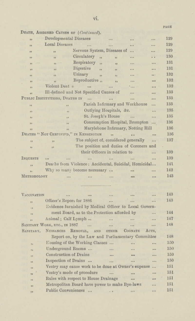 vi. PAGE Death, Assigned Causes of (Continued). ,, Developmental Diseases 129 „ Local Diseases 129 „ „ Nervous System, Diseases of 129 „ „ Circulatory ,, „ 130 „ „ Respiratory ,, „ 131 ,, ,, Digestive „ „ 131 „ „ Urinary „ „ 132 „ „ Reproductive „ „ 132 „ Violent Deat s 132 „ Ill-Defined and Not Specified Causes of 133 Public Institutions, Deaths in 133 ,, ,, Parish Infirmary and Workhouse 133 „ „ Outlying Hospitals, &c. 135 „ ,, St. Joseph's House 135 ,, ,, Consumption Hospital, Brompton 136 ,, ,, Marylebone Infirmary, Notting Hill 136 Deaths Not Certififd, in Kensington 136 ,, „ The subject of, considered generally 137 „ ,, The position and duties of Coroners and their Officers in relation to 139 Inquests 139 ,, Deaihs from Violence : Accidental, Suicidal, Homicidal 141 ,, Why so mam become necessary 142 Meteorology 143 Vaccination ... ... ... ... ... 143 ,, Officer's Report for 1886 ... ... ... 143 ,, Evidence furnished by Medical Officer to Local Govern- ,, ment Board, as to the Protection afforded by ... 144 „ Animal; Calf Lymph... ... ... ... 147 Sanitary Work, etc., in 1887 ... ... ... ••• 148 Sanitary, Nuisances Removal, and other Cognate Acts, Report on, by the Law and Parliamentary Committee 148 „ Housing of the Working Classes ... ... ... 150 „ Underground Rooms ... ... ... ... 150 ,, Construction of Drains ... ... ... 150 „ Inspection of Drains ... ... ... ... 150 „ Vestry may cause work to be done at Owner's expense ... 151 „ Vestry's mode of procedure ... ... ... 151 ,, Rules with respect to House Drainage ... ... 151 „ Metropolitan Board have power to make Bye-laws ... 161 ,, Public Conveniences ... . . ... ... 151
