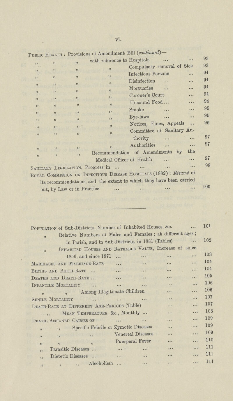 vi. Public Health : Provisions of Amendment Bill (continued)— „ „ „ with reference to Hospitals 93 ,, „ „ „ Compulsory removal of Siek 93 „ „ „ „ Infectious Persons 94 „ „ „ „ Disinfection 94 „ „ „ Mortuaries 94 „ „ „ „ Coroner's Court 94 „ „ „ „ Unsound Food. 94 „ „ „ ,, Smoke 95 „ „ „ „ Bye-laws 95 „ „ „ „ Notices, Fines, Appeals 96 „ „ „ „ Committee of Sanitary Au thority 97 „ „ „ „ Authorities 97 ,, „ ,, Recommendation of Amendments by the Medical Officer of Health 97 Sanitary Legislation, Progress in 98 Royal Commission on Infectious Disease Hospitals (1882) : Ittsumi of its recommendations, and the extent to which they have been carried out, by Law or in Practice 100 Population of Sub-Districts, Number of Inhabited Houses, &c. 101 ,, Relative Numbers of Males and Females; at different ages ; in Parish, and in Sub-Districts, in 1881 (Tables) 102 „ Inhabited Houses and Rateable Value, Increase of since 1856, and since 1871 103 Marriages and Marriage-Rate 104 Births and Birth-Rate 104 Deaths and Death-Rate 105 Infantile Mortality 106 ,, „ Among Illegitimate Children 106 Senile Mortality 107 Death-Rate at Different Age-Periods (Table) 107 ,, Mean Temperature, &c., Monthly 108 Death, Assigned Causes of 109 „ ,, Specific Febrile or Zymotic Diseases 109 „ „ „ Venereal Diseases 109 „ ,, „ Puerperal Fever 110 ,, Parasitic Diseases 111 ,, Dietetic Diseases 111 ,, ., „ Alcoholism 111